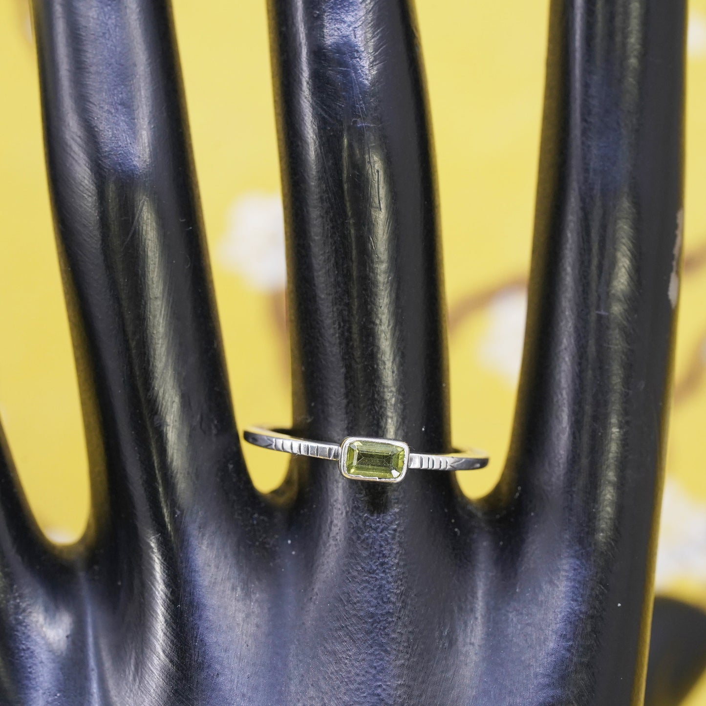 size 8.25, VTG Sterling 925 silver handmade ring, stackable band with peridot