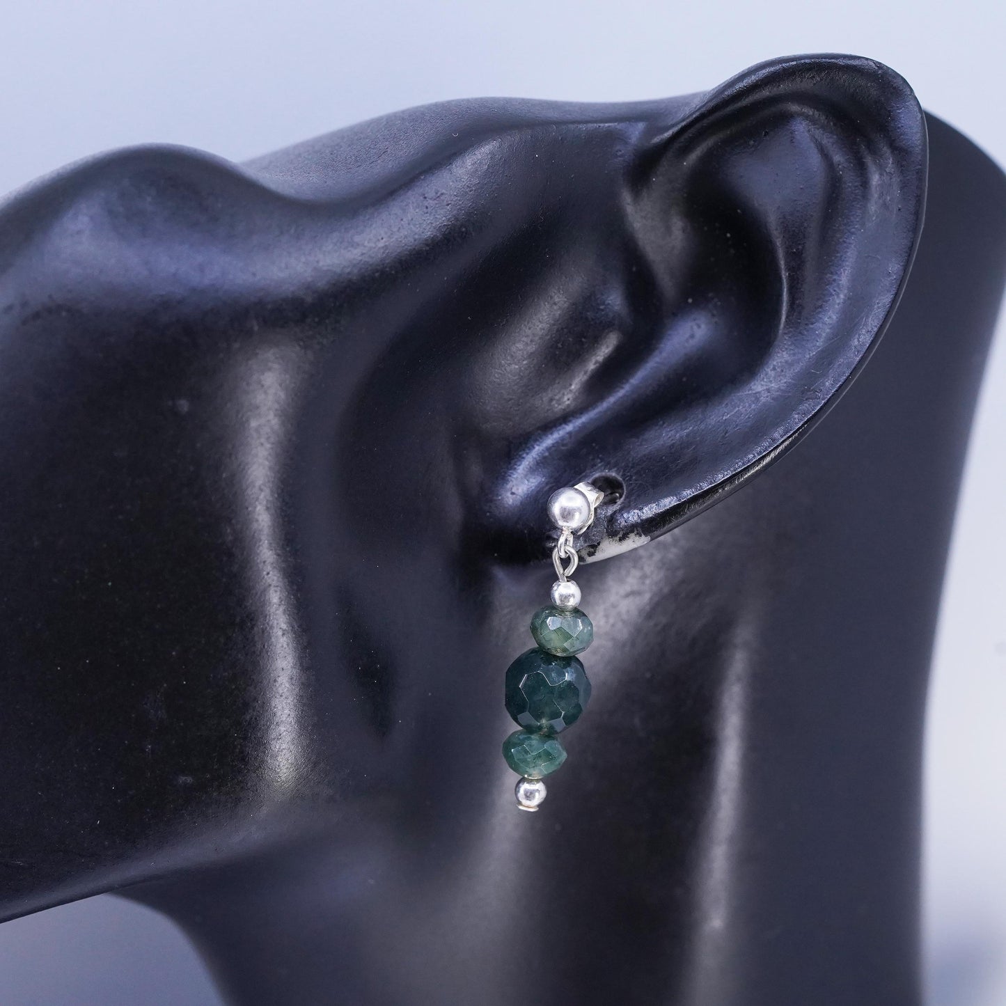 Vinatge sterling silver handmade earrings, 925 studs with moss agate beads