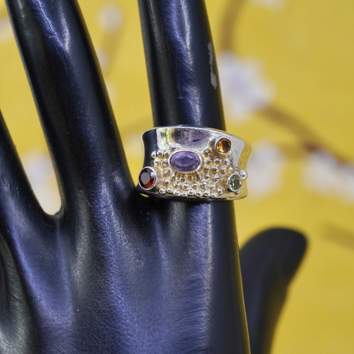 Size 8.25, Sterling 925 silver ring with ruby, peridot, amethyst and citrine