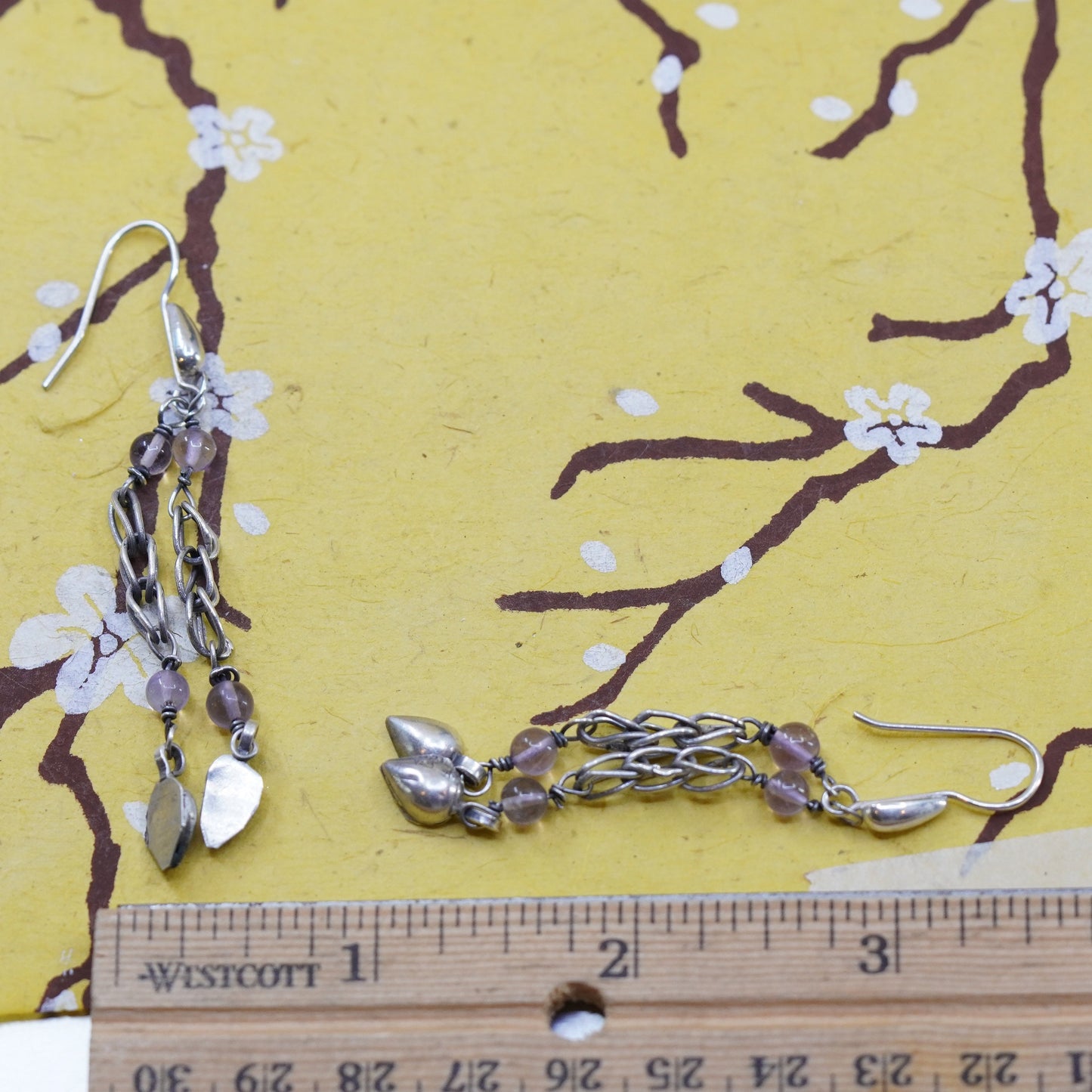Vintage Sterling 925 silver handmade chain earrings with amethyst beads