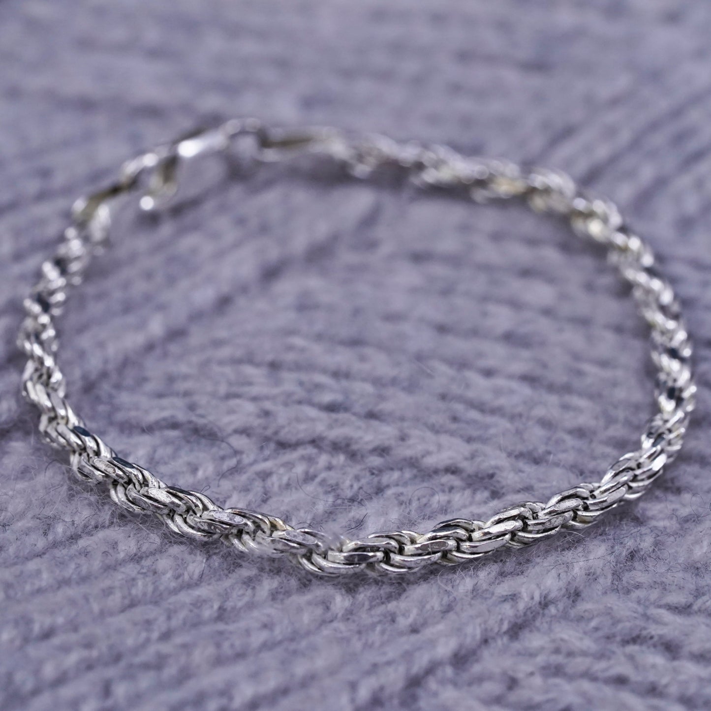6.75", 4mm, vintage sterling silver handmade bracelet, 925 diamond rope chain