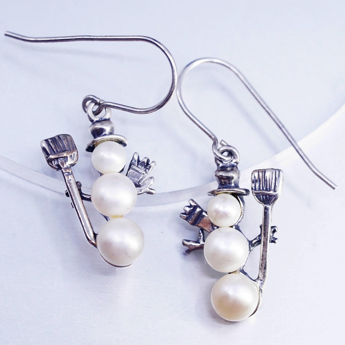 Vintage 925 Sterling Silver Snowman Earrings with Triple-Drop Pearl