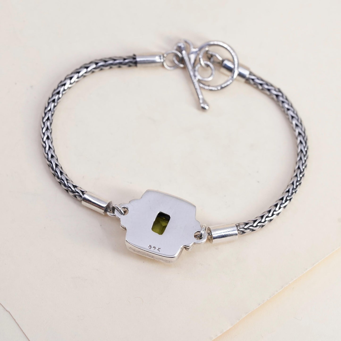 7”, vintage sterling silver bracelet, 925 wheat chain emerald cut peridot