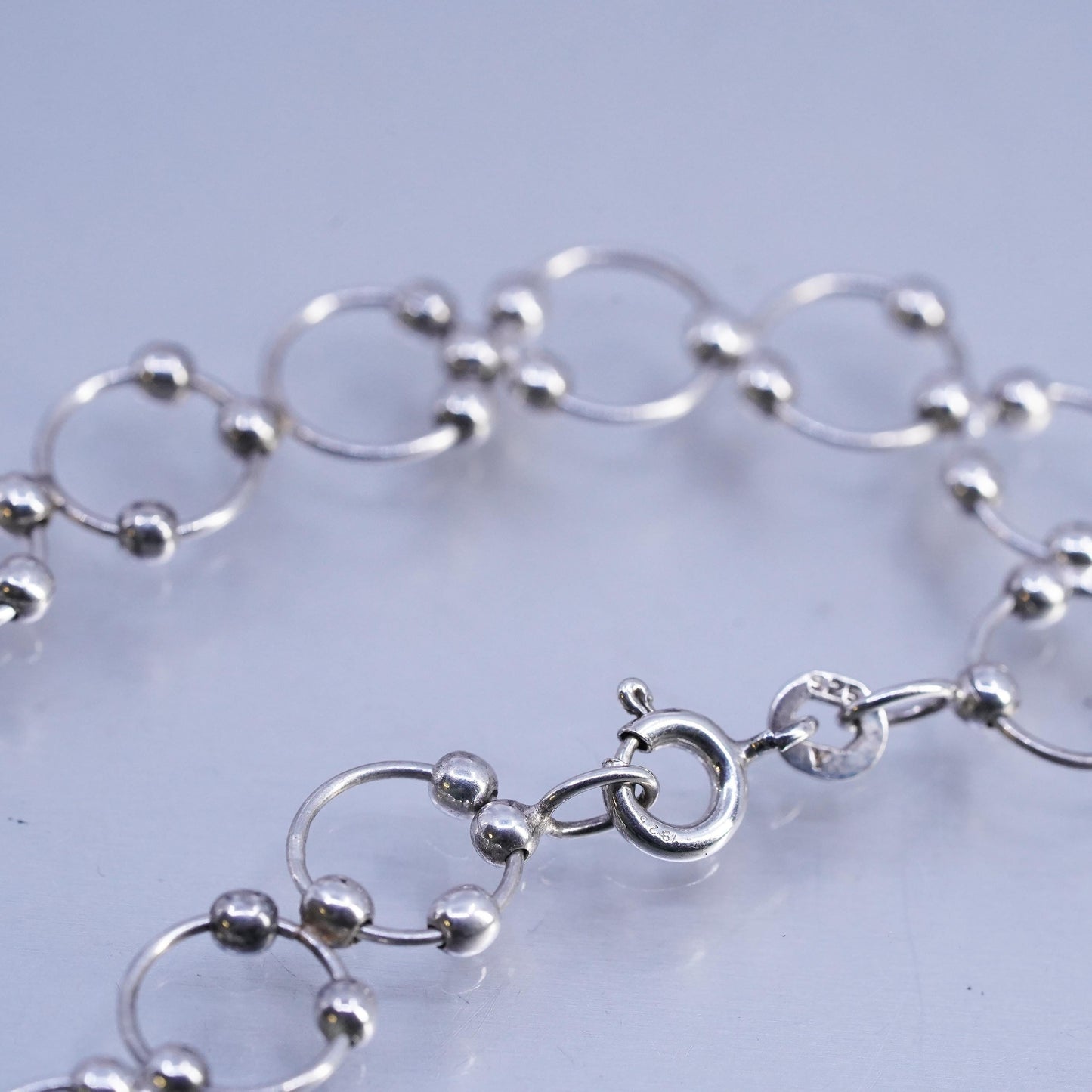 6.75" 10mm, Vintage Jewelry Sterling 925 silver bracelet, circle chain w/ beads