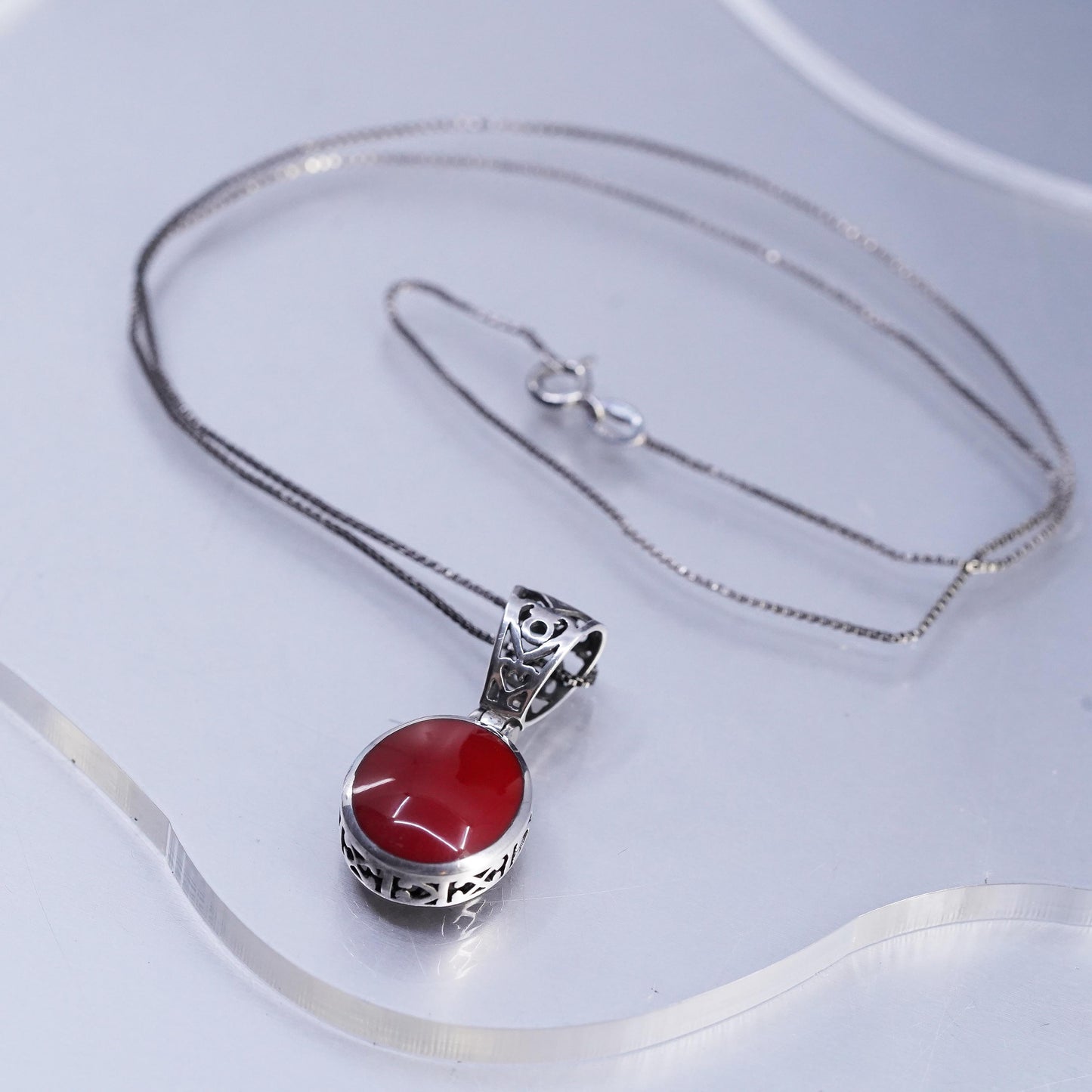 21", vintage Sterling 925 silver handmade box chain necklace red Onyx pendant