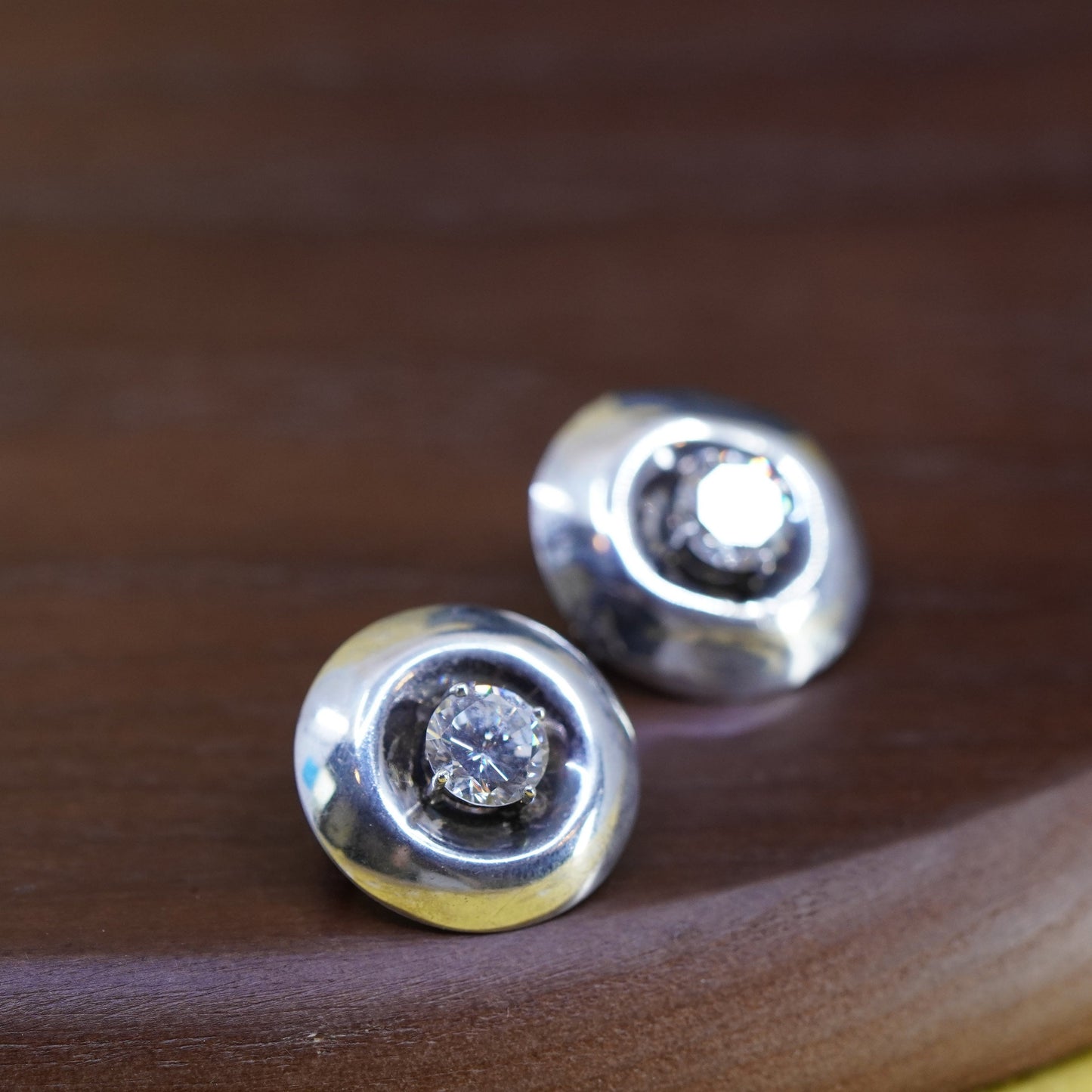 vintage Sterling silver clear round crystal studs, cz earrings