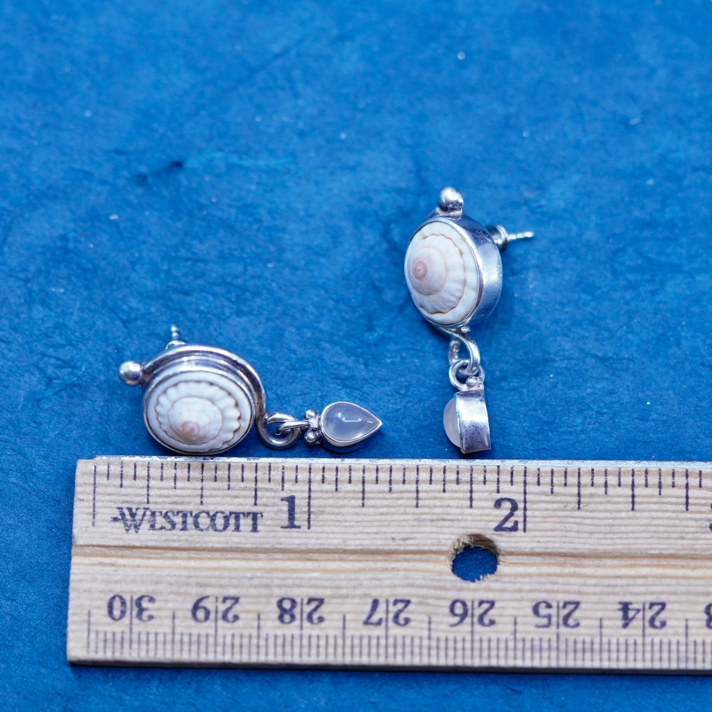 Sajen Sterling Silver 925 Shiva eye earrings, fossil shell teardrop moonstone