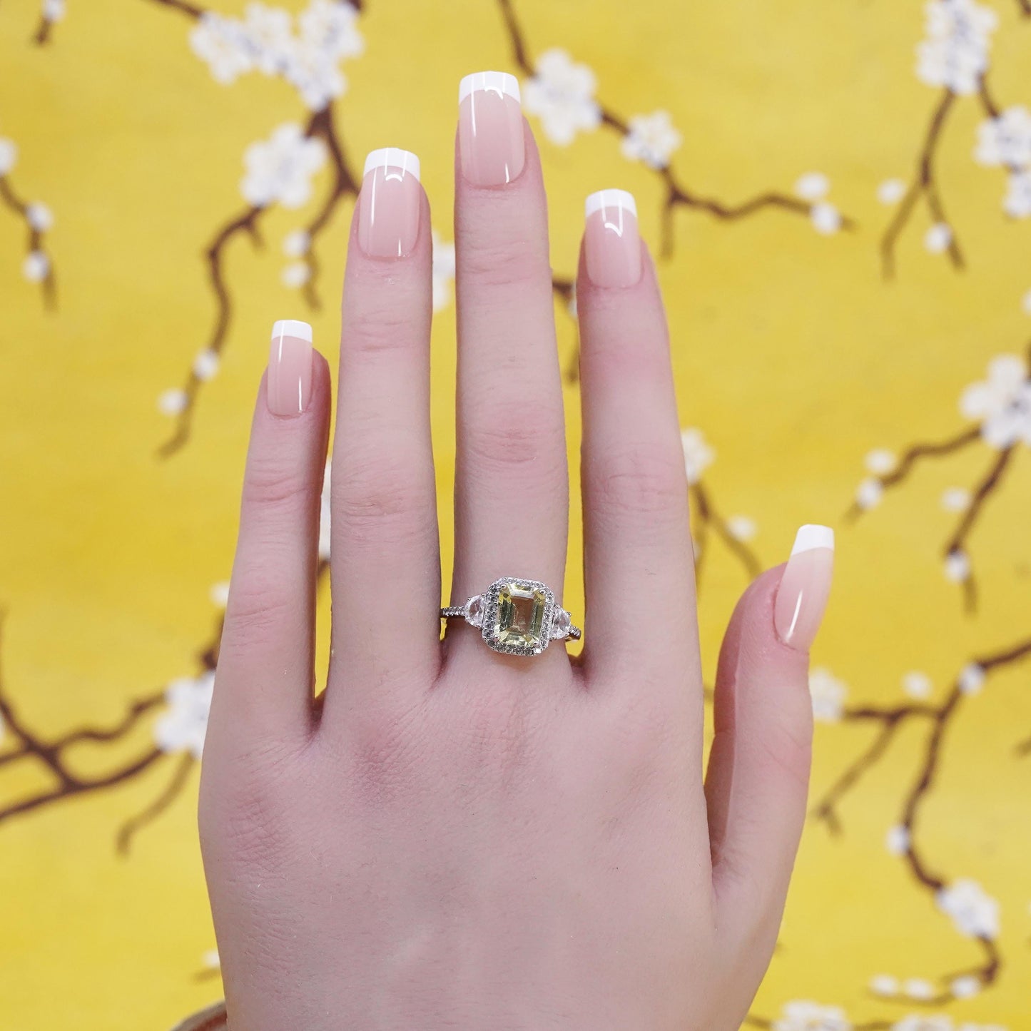 Size 9, vintage BBJ Sterling 925 silver ring with emerald cut citrine and cz
