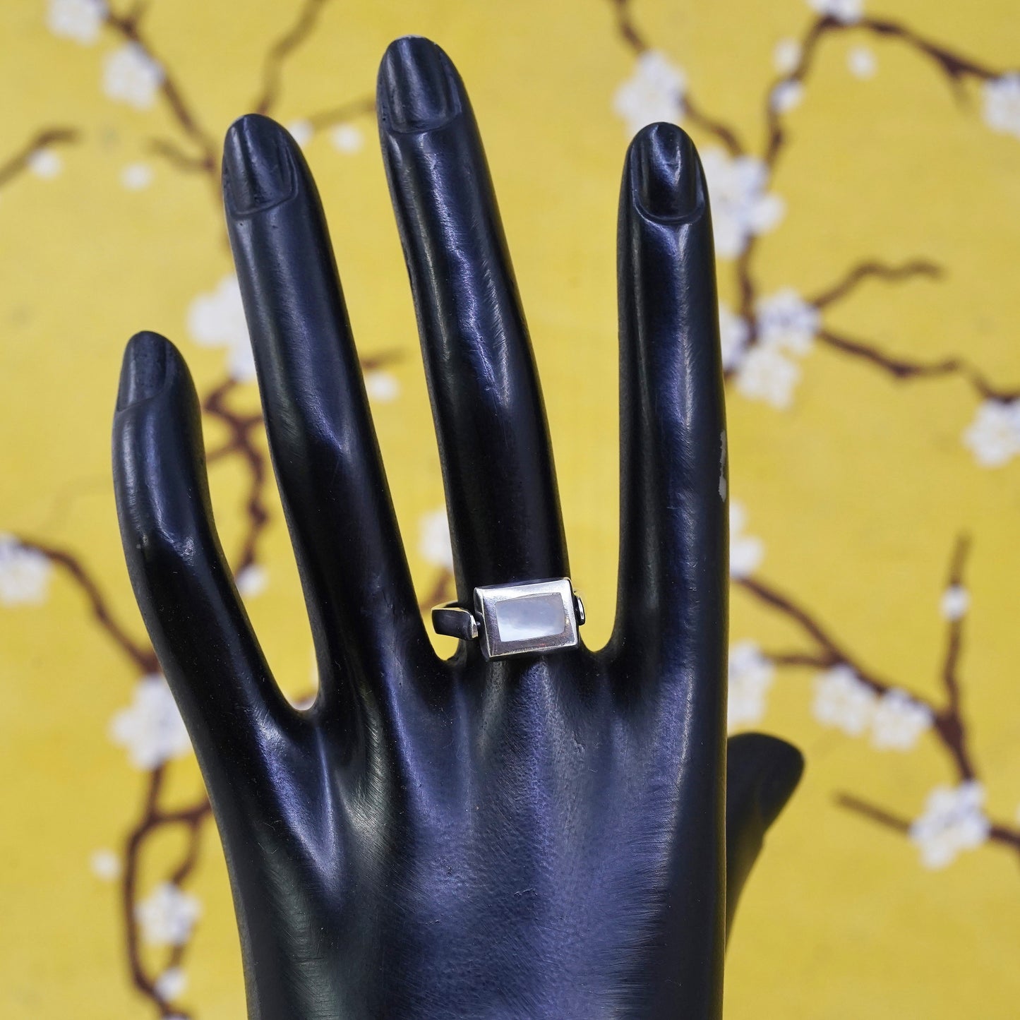 Size 7.5, Sterling silver double sided ring, 925 band with onyx mother of pearl