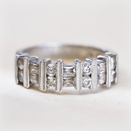 Size 7.25, vintage sterling 925 silver ring with cluster CZ, statement band