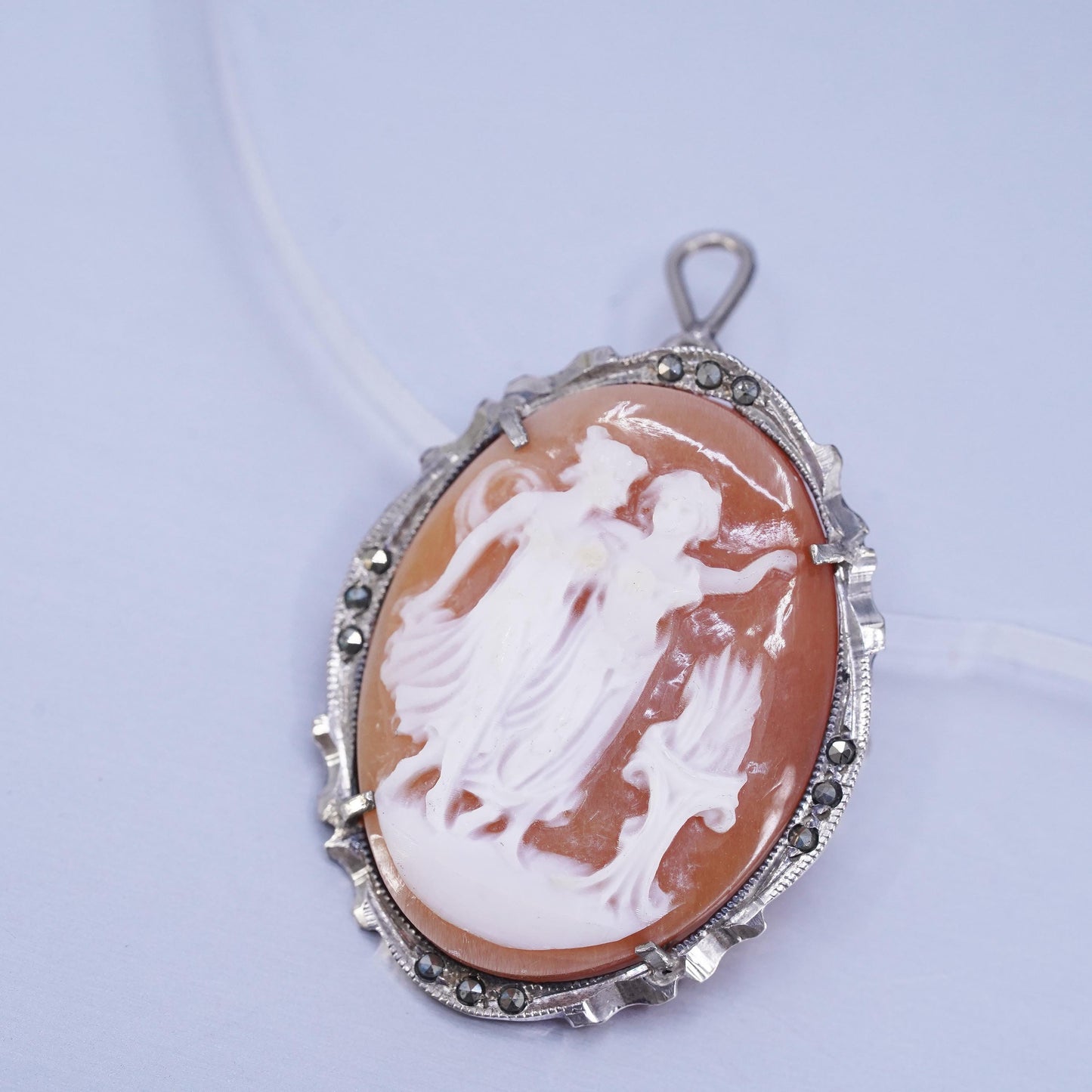 Vintage Sterling 925 silver handmade brooch pendant w/ agate carved cameo girl