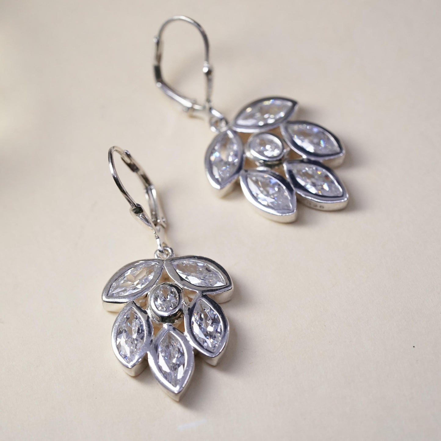 Vintage Sterling 925 Silver Cubic Zirconia leaves Earrings