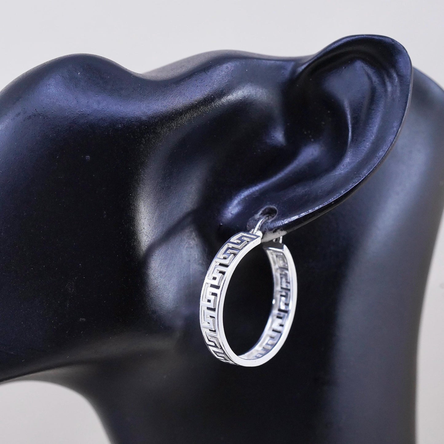 1", Vintage 925 sterling silver loop earrings, fashion Greek key openwork hoops