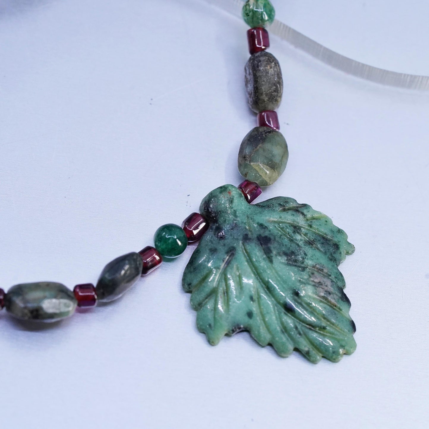 18", vintage Sterling 925 silver necklace carved Ruby in Zoisite leaves beads