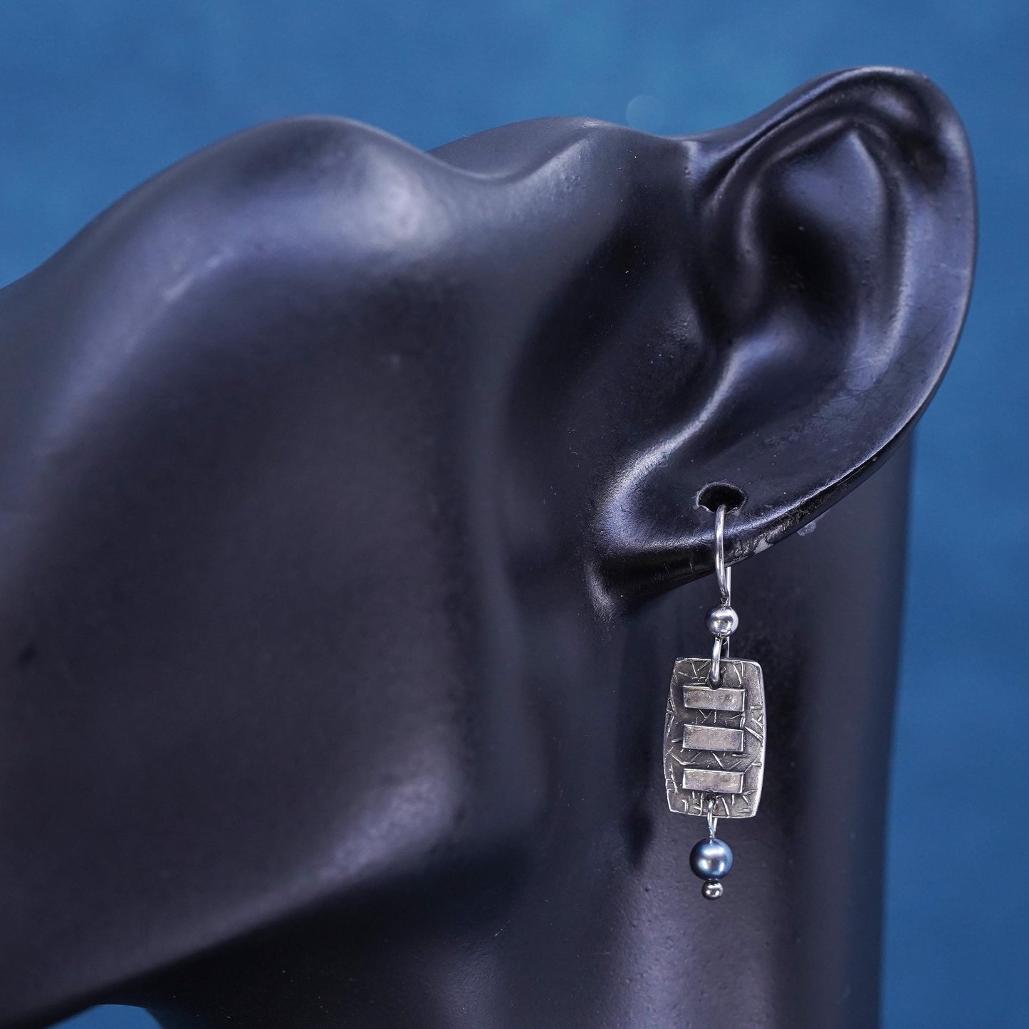 Vintage Sterling silver 925 handmade tag earrings with black pearl dangles