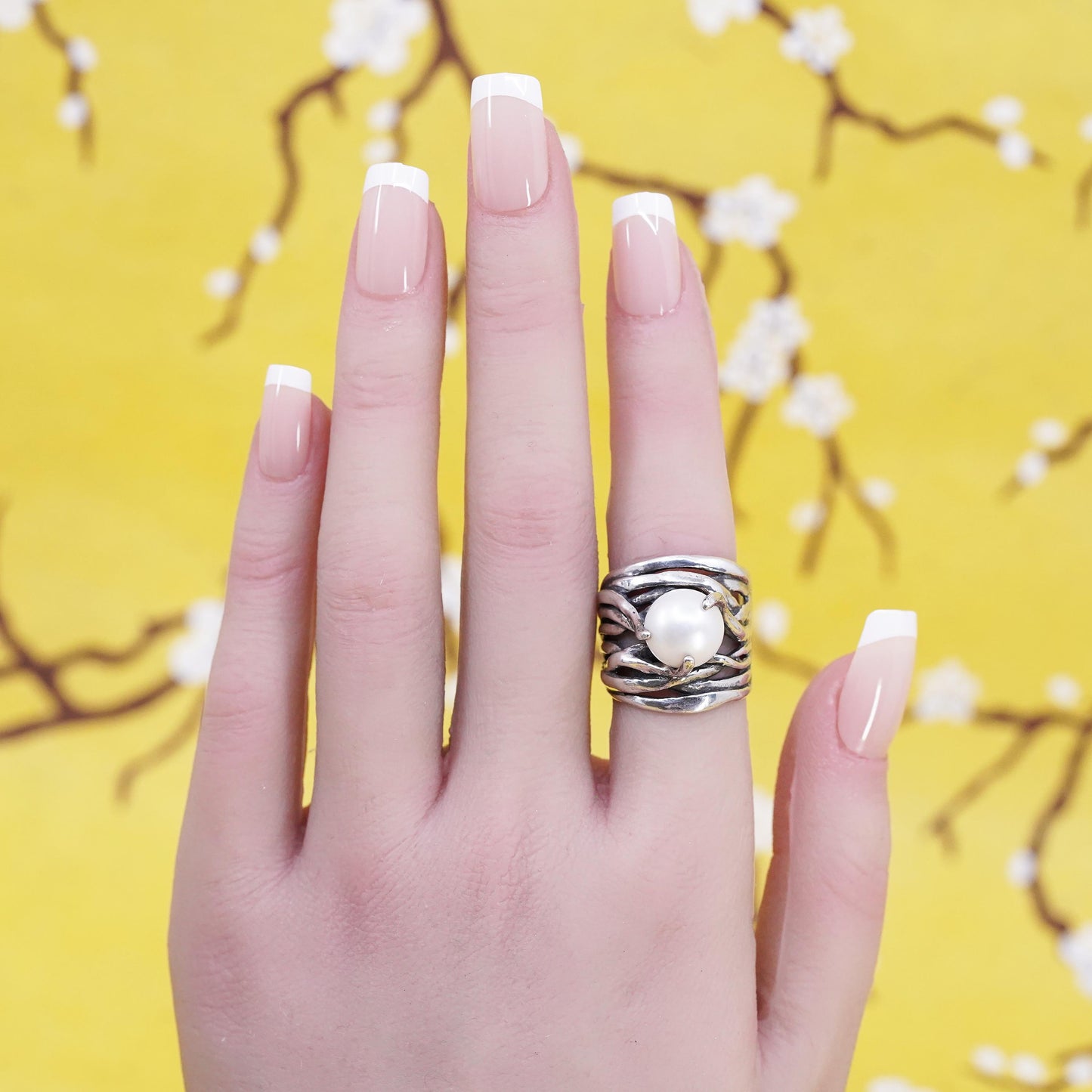 Size 6.75, VTG Israel Noa Zuman sterling silver 925 handmade vine ring pearl