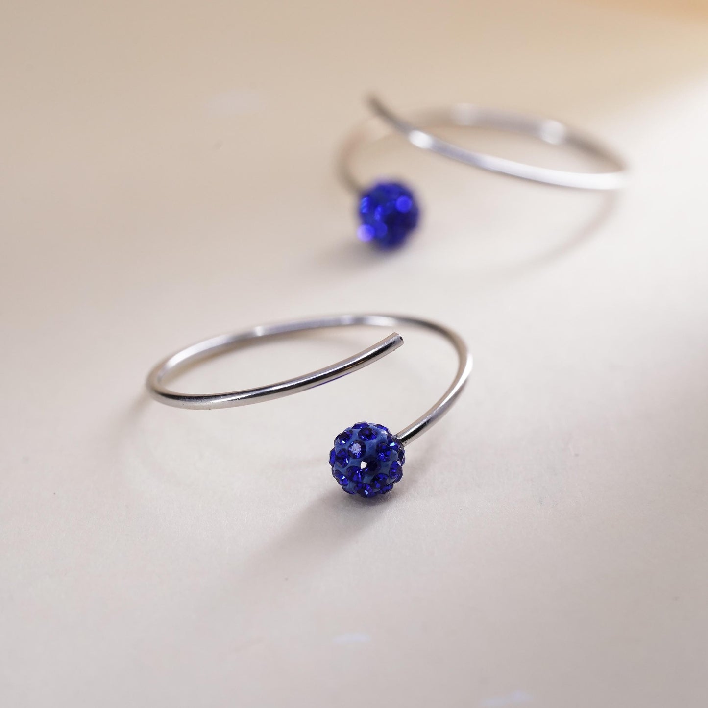 0.75”, Vintage sterling silver loop earrings, hoops with blue crystal bead