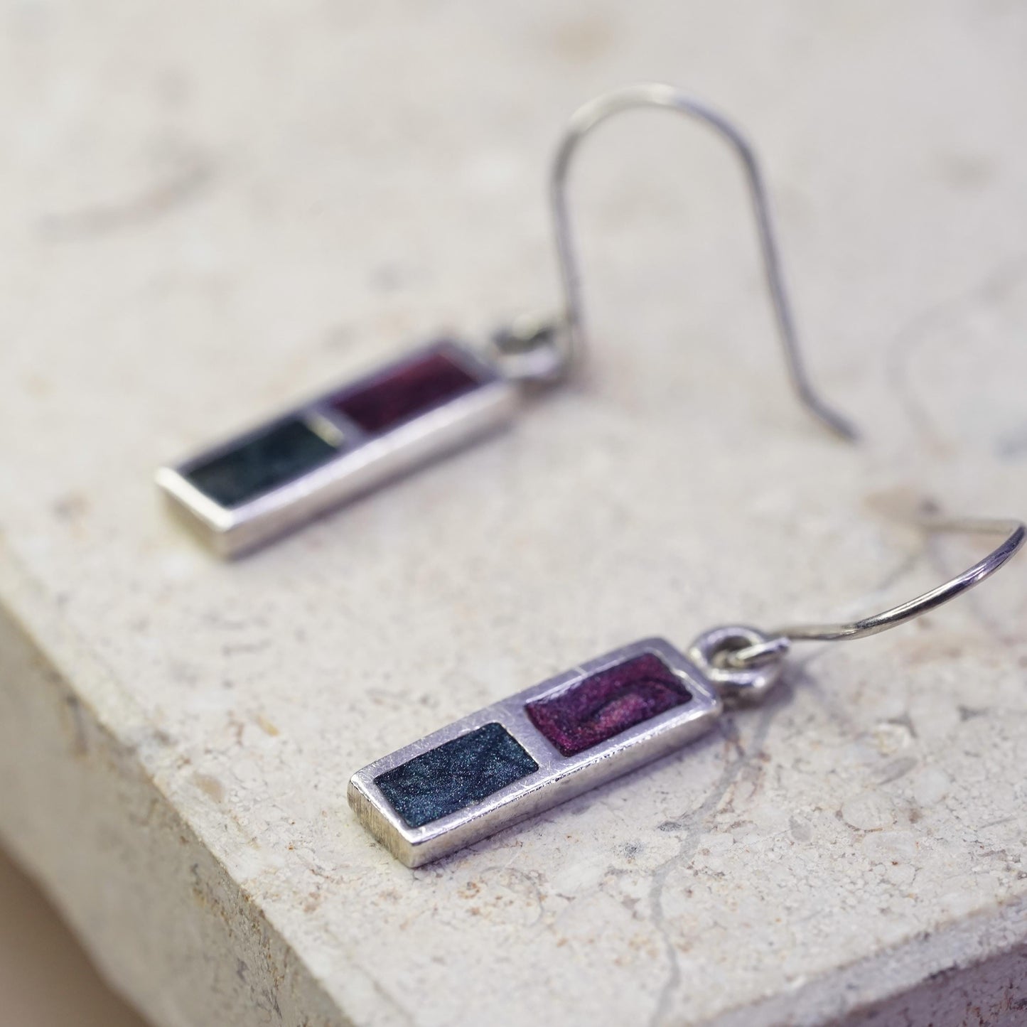 vintage sterling silver 925 rectangular earrings with enamel inlay