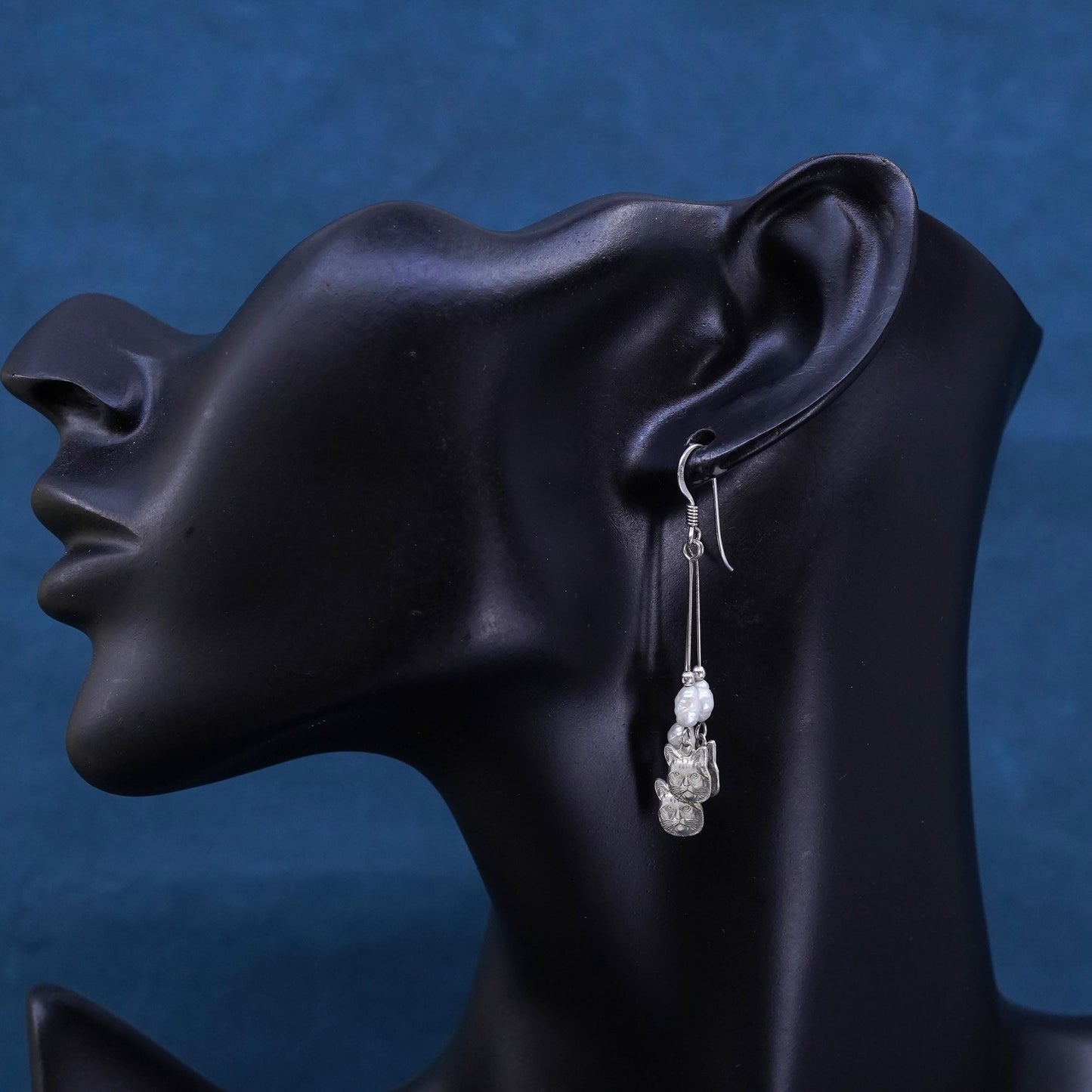 Vintage Meow sterling silver handmade earrings, 925 cat dangles and pearls