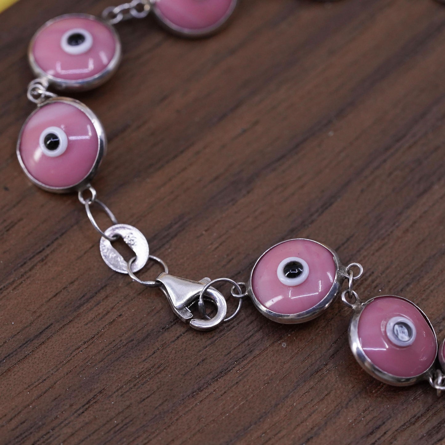 6.75", vintage sterling 925 silver handmade bracelet pink evil eye bracelet