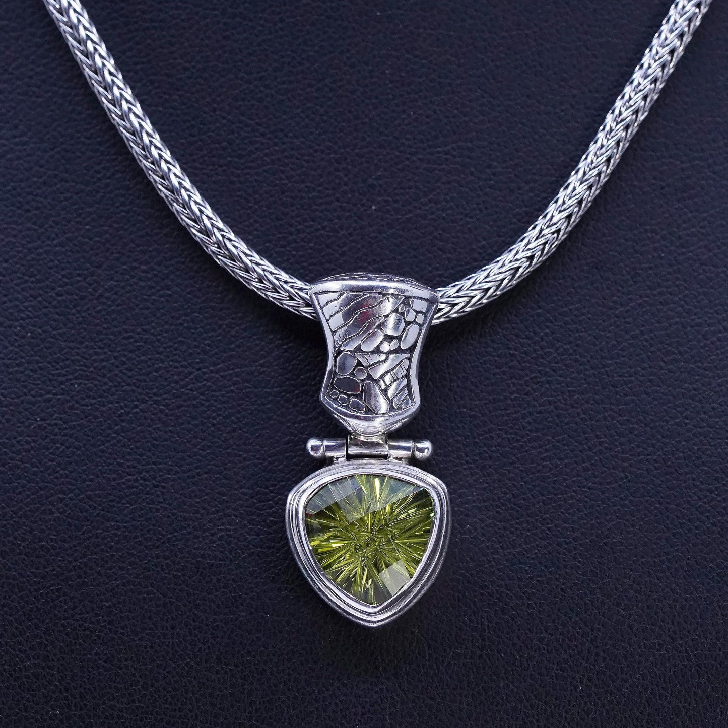 16" Sterling 925 silver bold wheat chain necklace trillion cut peridot pendant