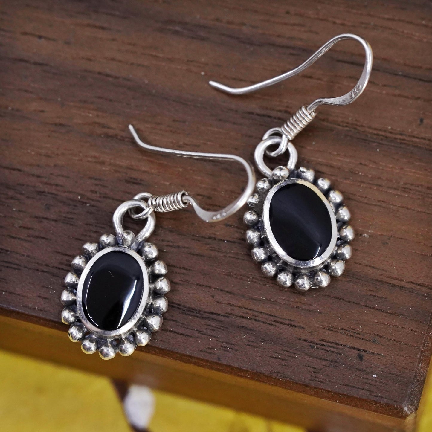 Vintage Sterling 925 silver handmade oval earrings with onyx and beads