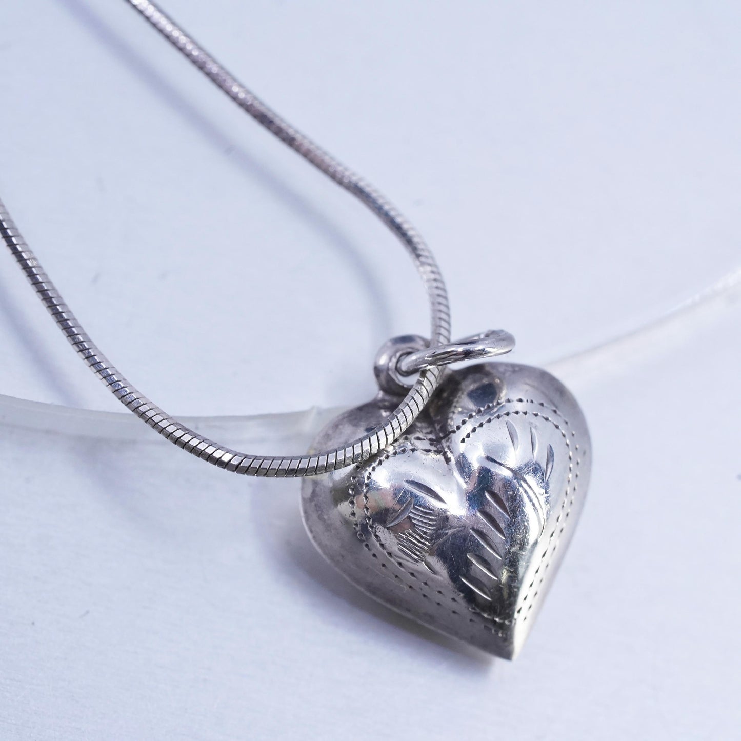 20", vintage Sterling 925 silver snake necklace puffy textured heart pendant