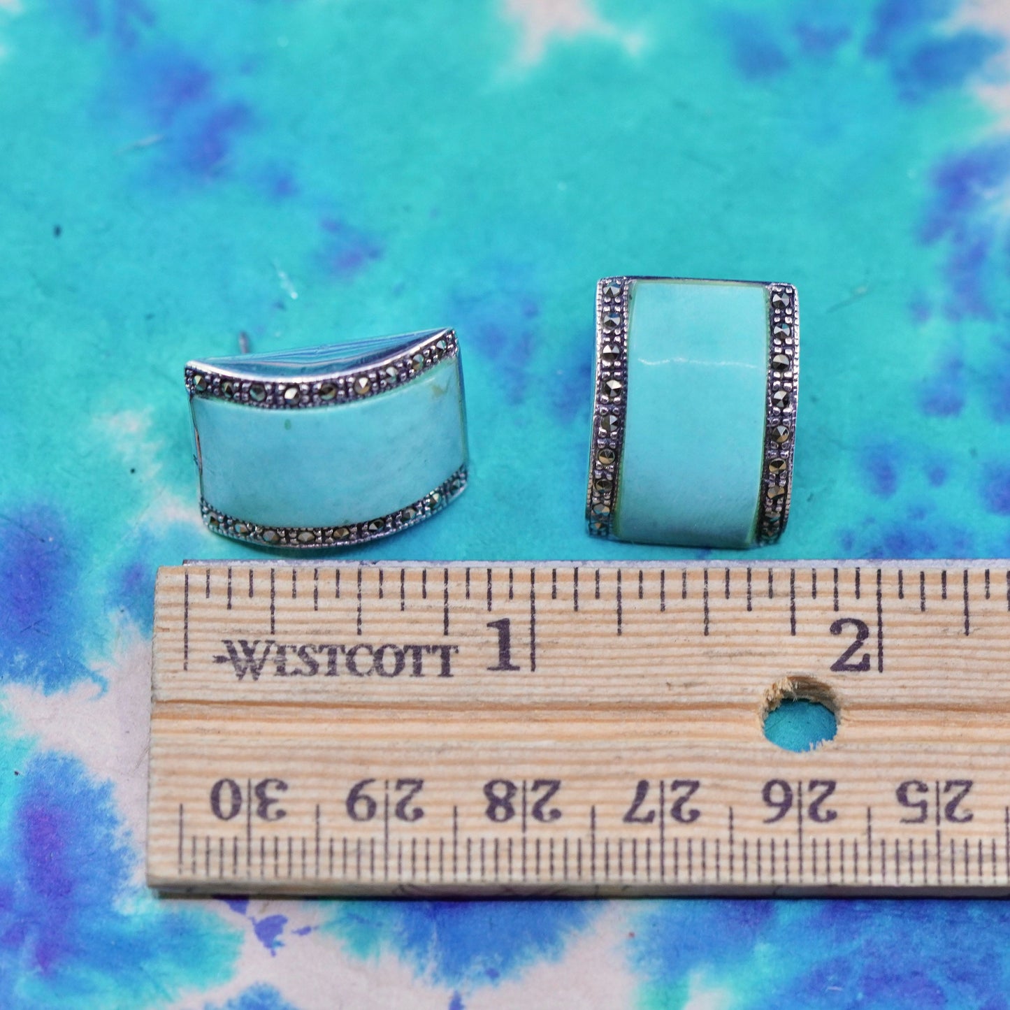 sterling silver handmade earrings, 925 studs with turquoise inlay and marcasite