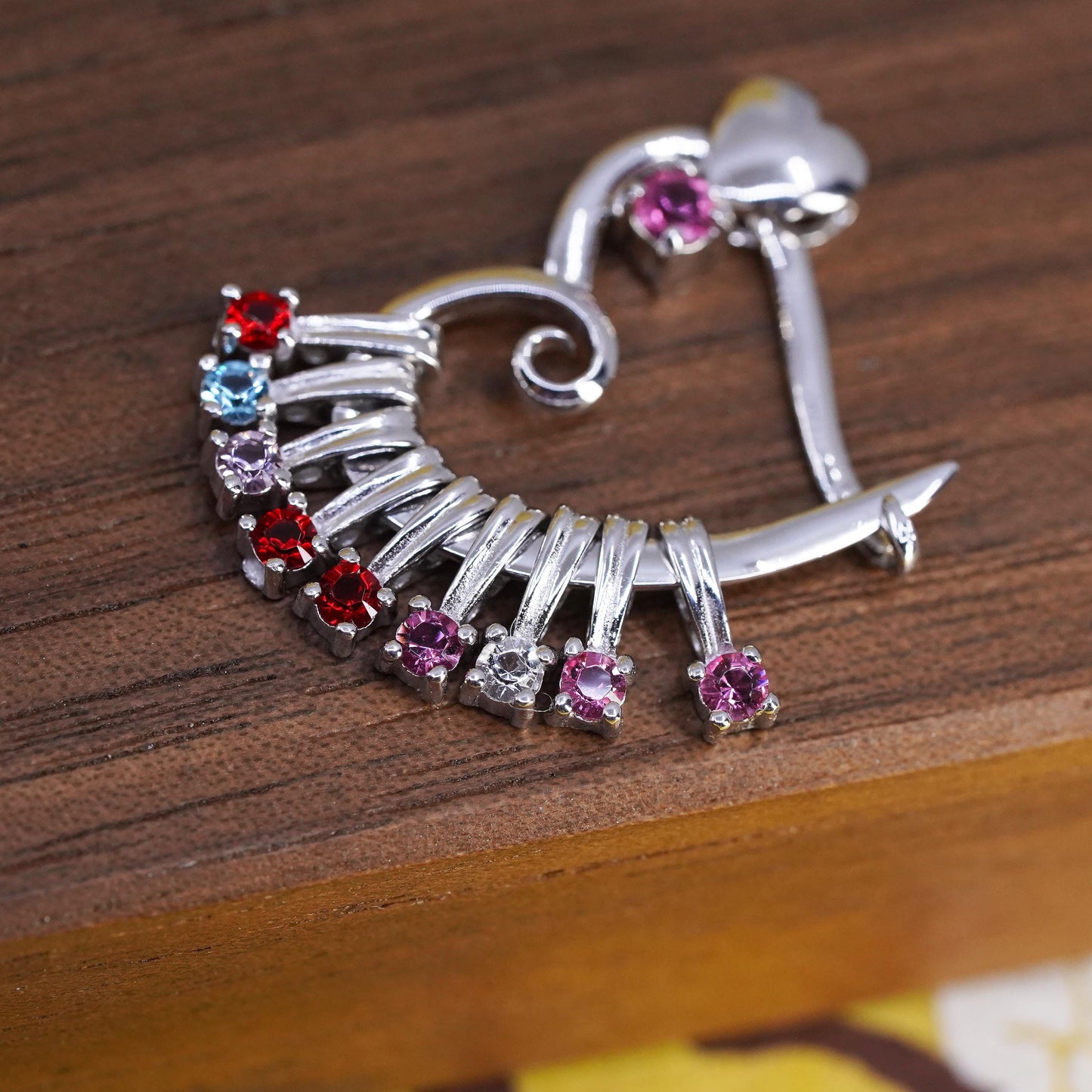 Vintage Sterling silver pendant, 925 double heart with ruby and crystal