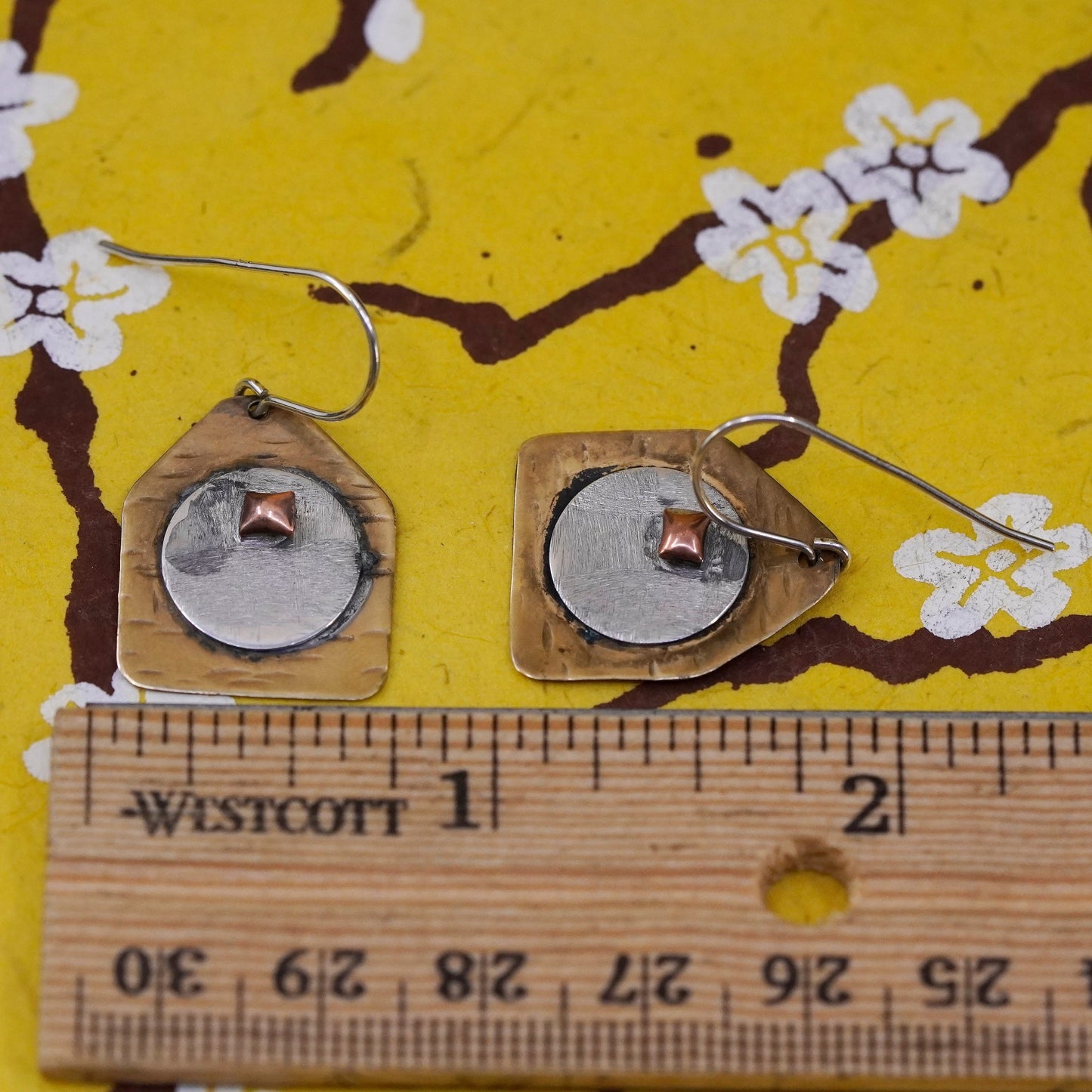 Vintage triple tone Sterling silver handmade earrings, Modern 925 flatten disc