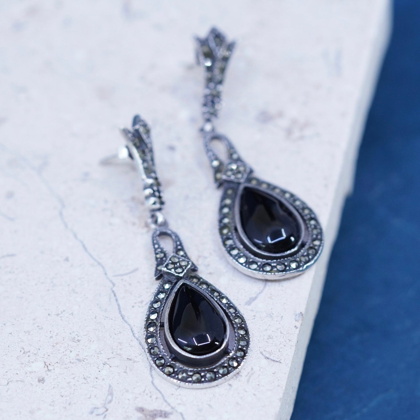 sterling 925 silver handmade teardrop earrings with obsidian and marcasite