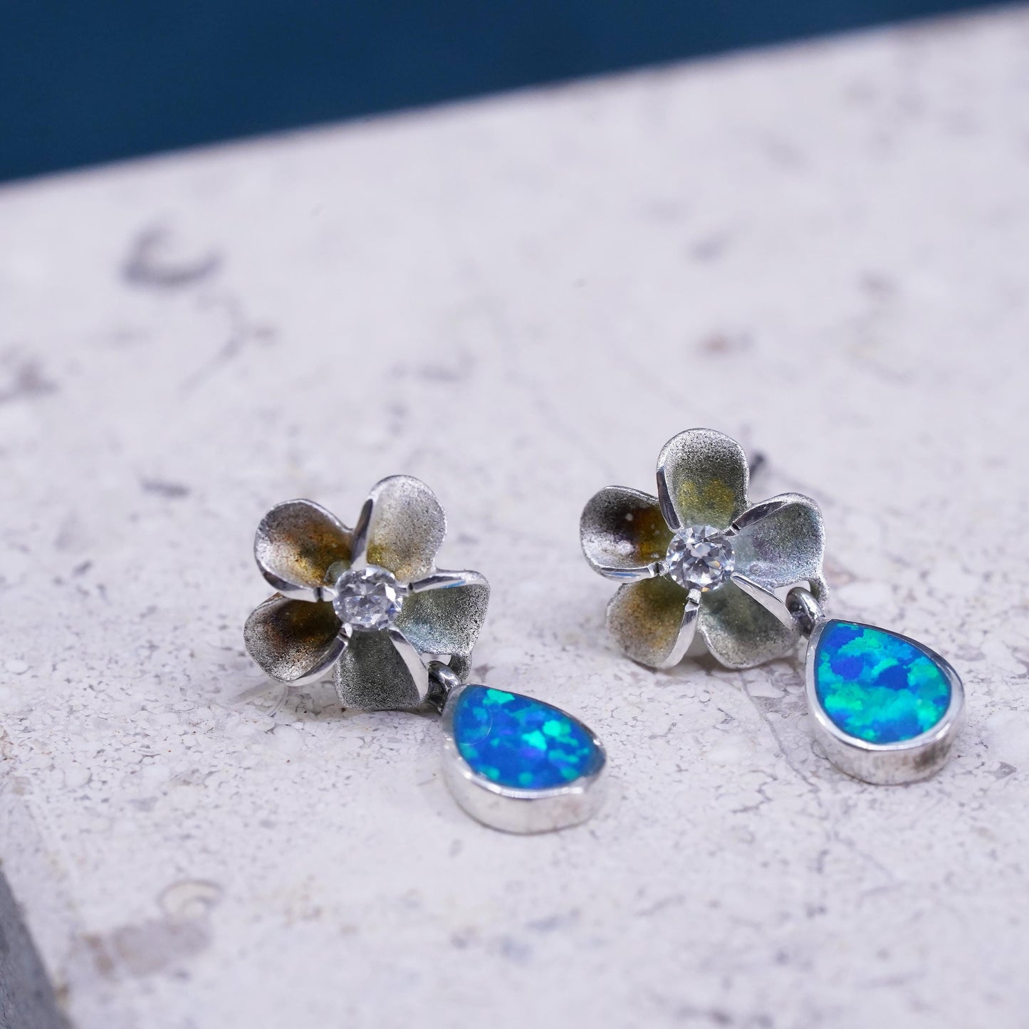 VTG Sterling silver earrings, 925 plumeria flower drops cz teardrop fire opal