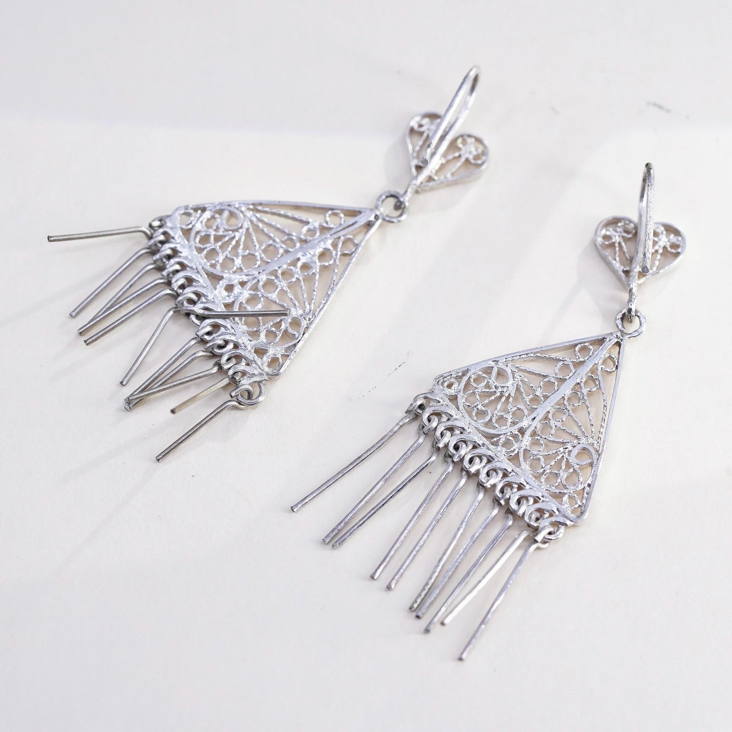 Vintage sterling silver handmade earrings, 925 filigree triangle with fringes