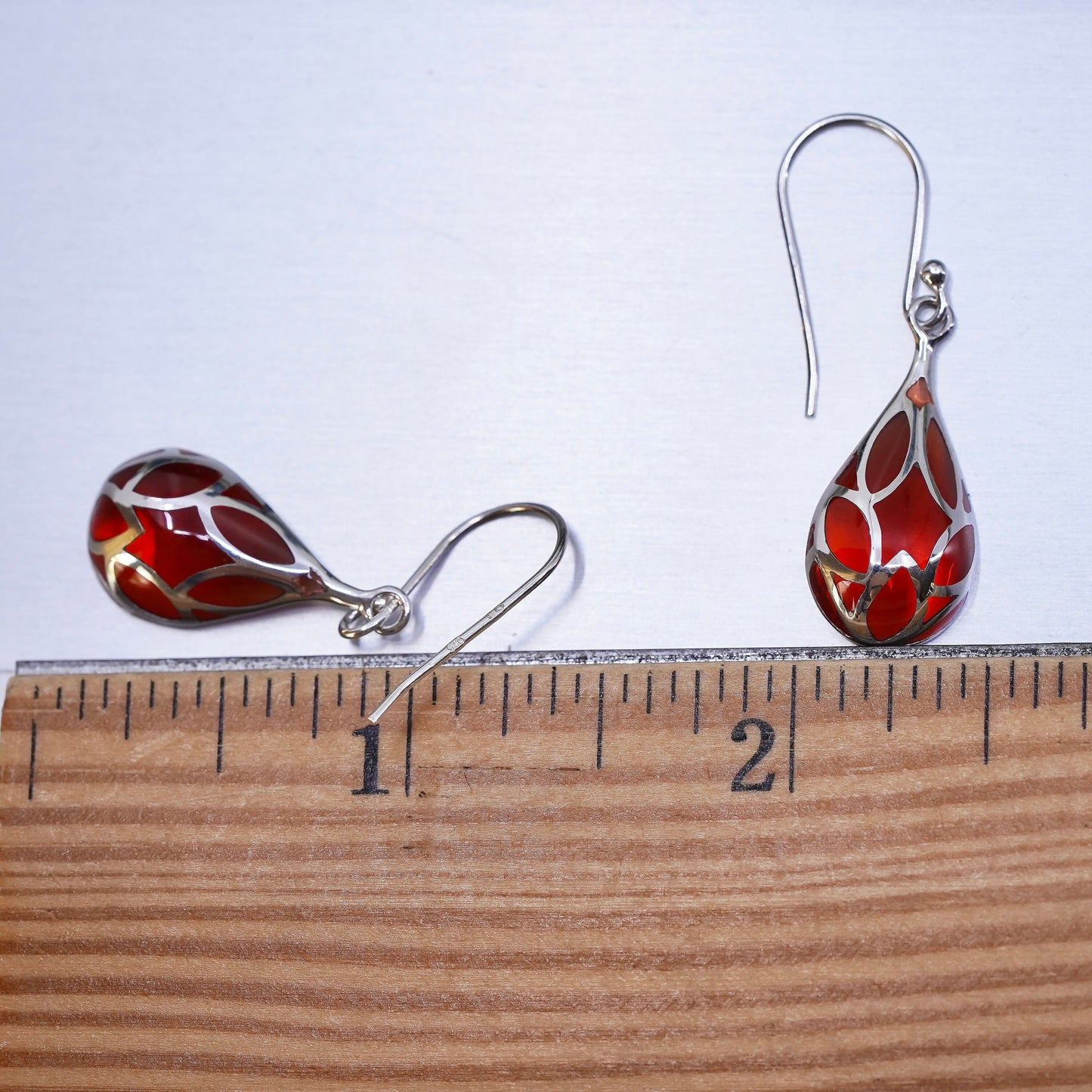 Vintage sterling 925 silver handmade teardrop earrings with red resin inlay