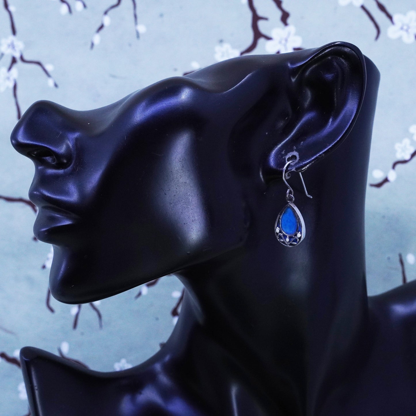 Vintage sterling 925 silver handmade teardrop earrings with blue turquoise