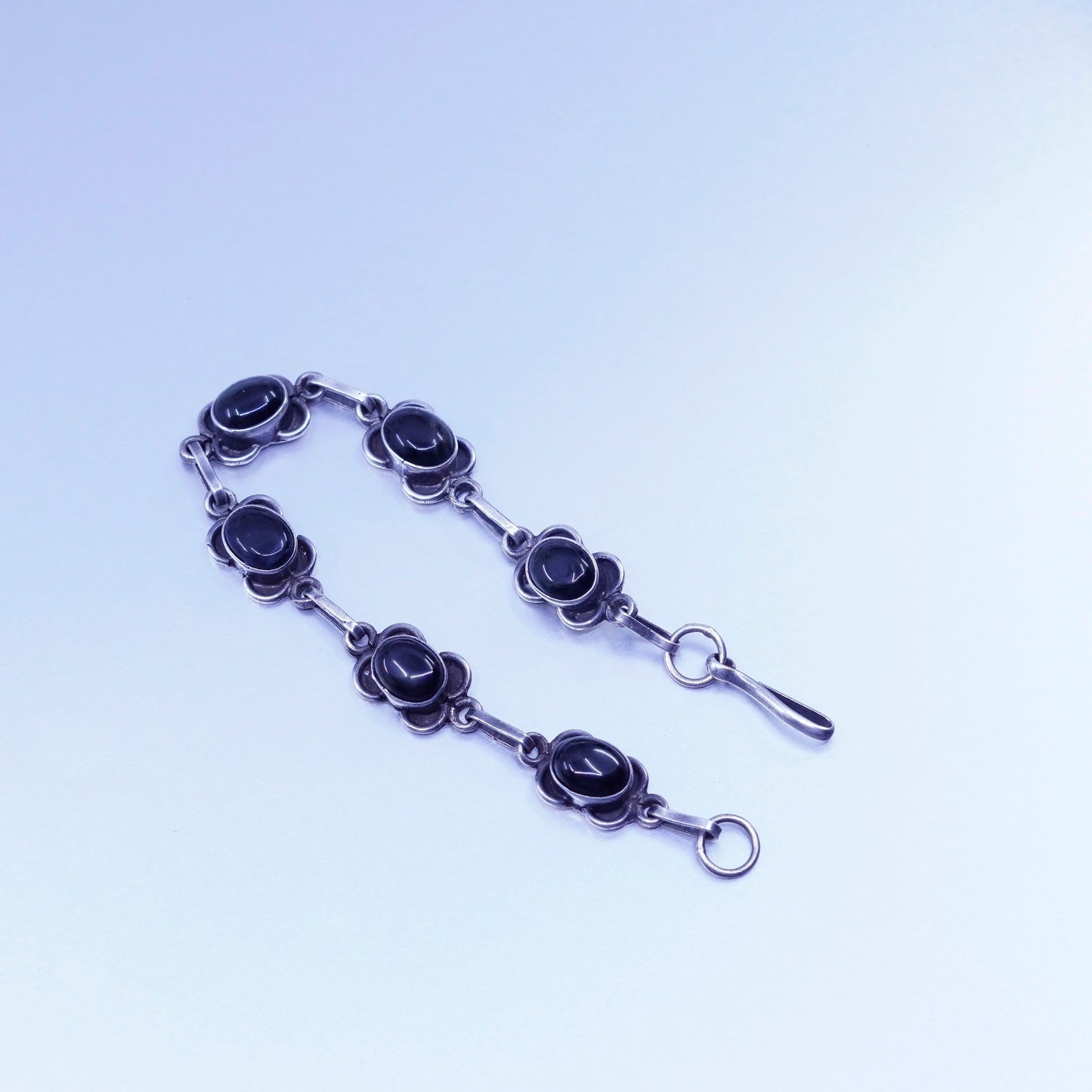 6.75”, vintage Sterling 925 silver handmade bracelet with obsidian beads