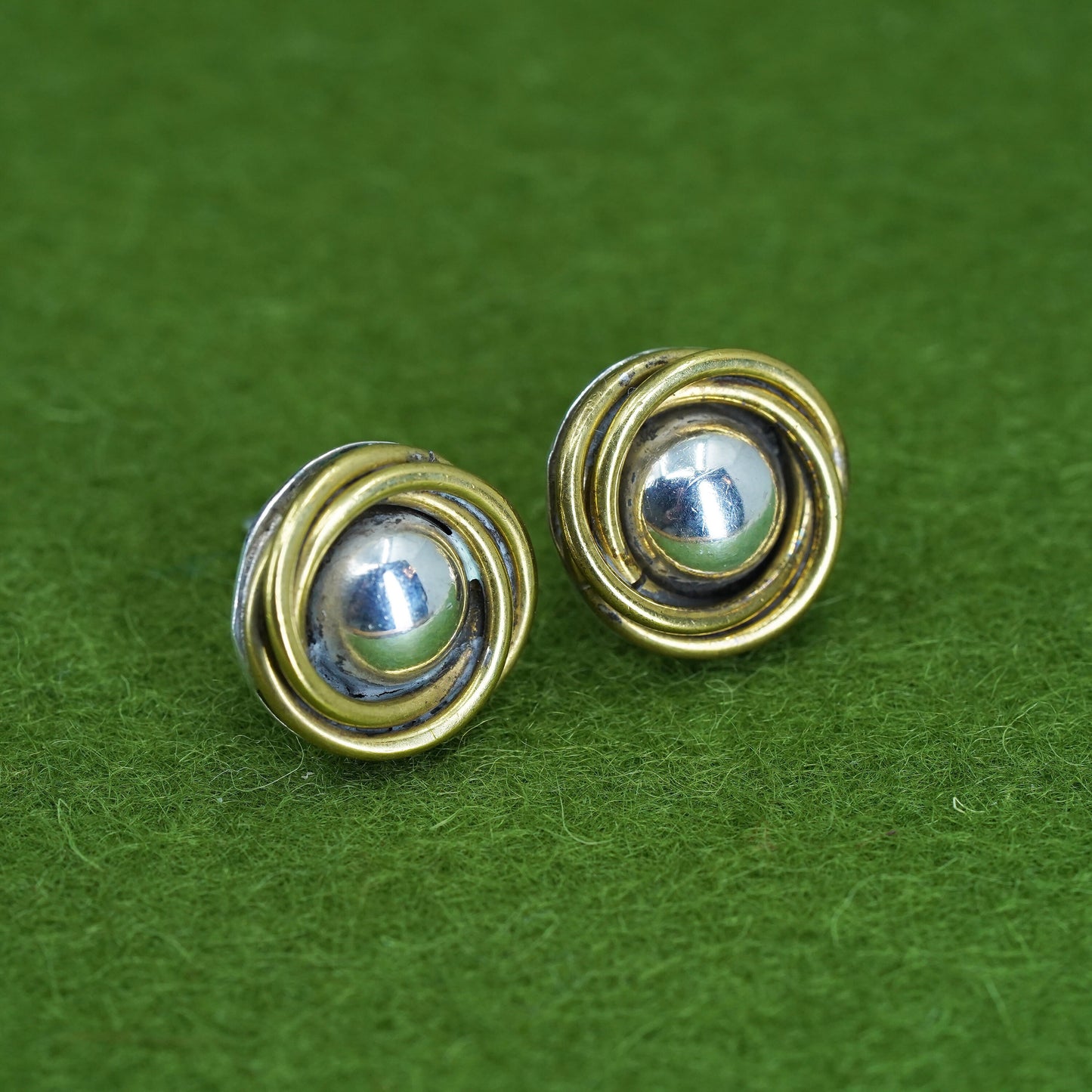 Vintage two tone Mexico Sterling brass studs 925 silver earrings w/ brass cable