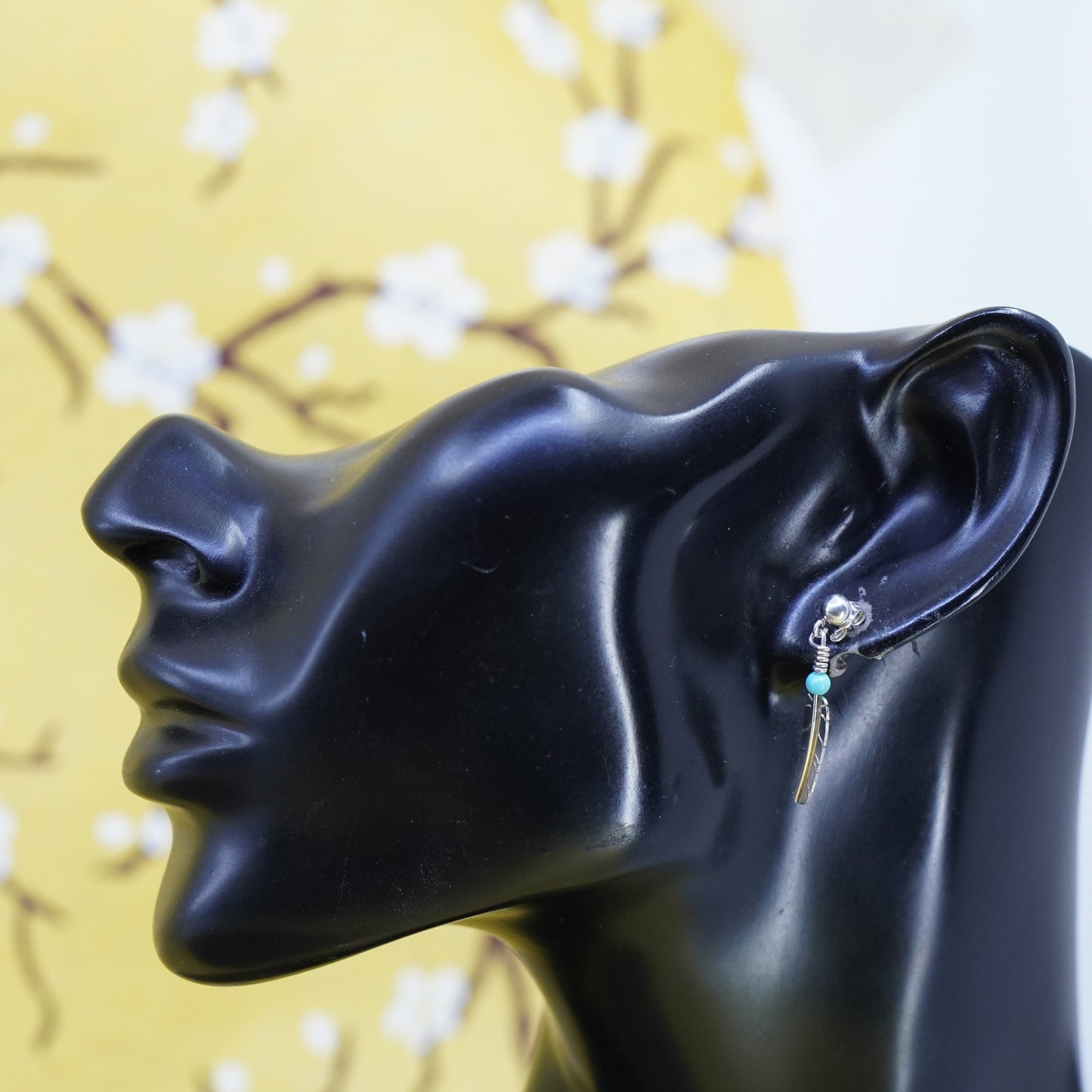 Sterling 925 silver handmade disc earrings with turquoise and feather dangles