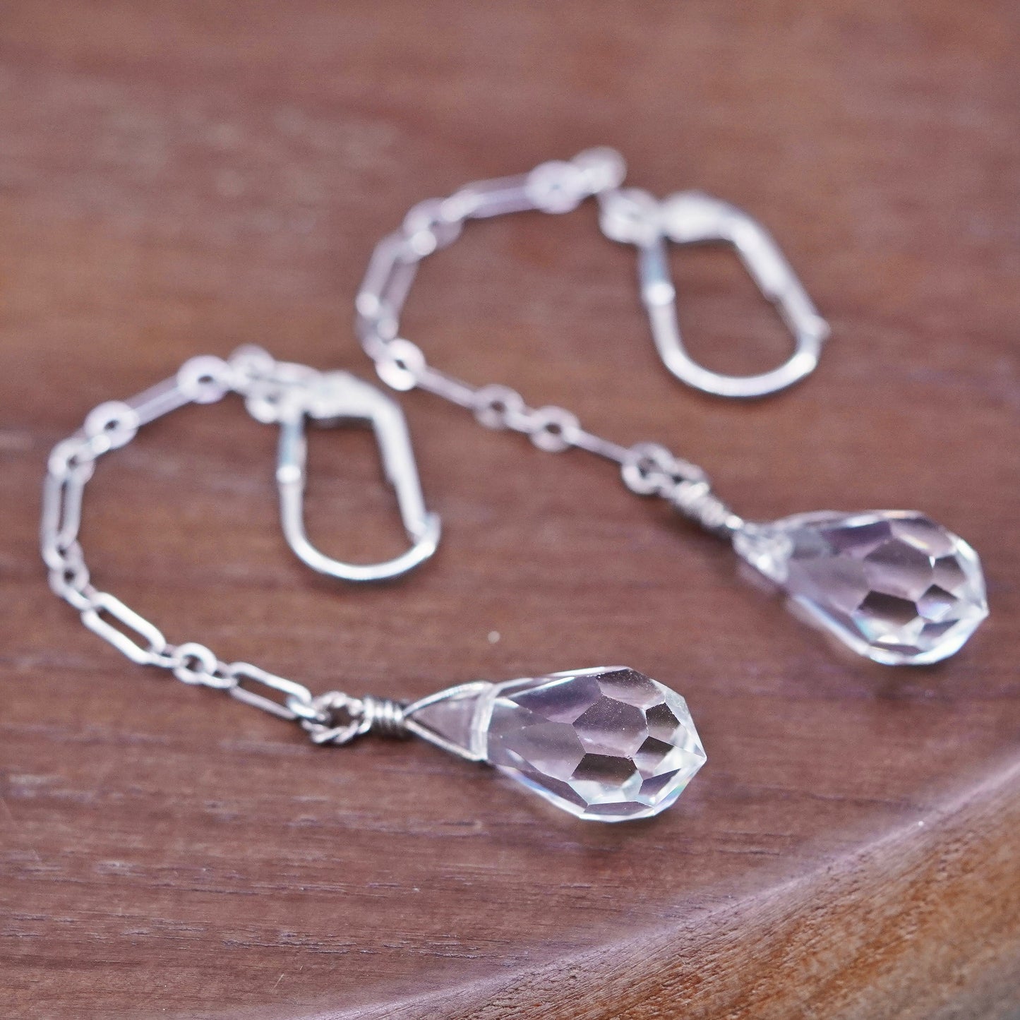 Vintage sterling silver handmade earrings, 925 chain drop with teardrop crystal