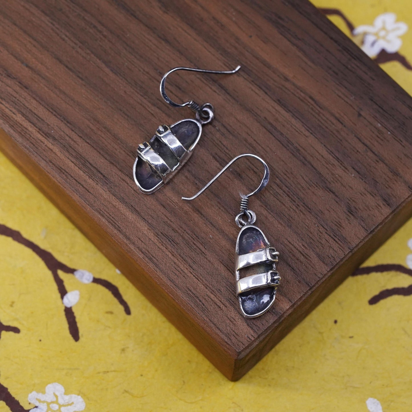 Vintage Sterling silver handmade earrings, 925 sandal shoe drops