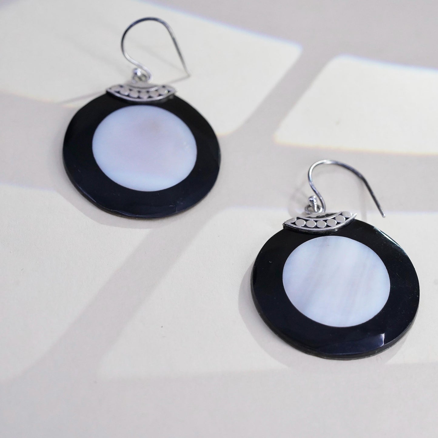 Vintage sterling silver handmade earrings, two tone mother of pearl round drops
