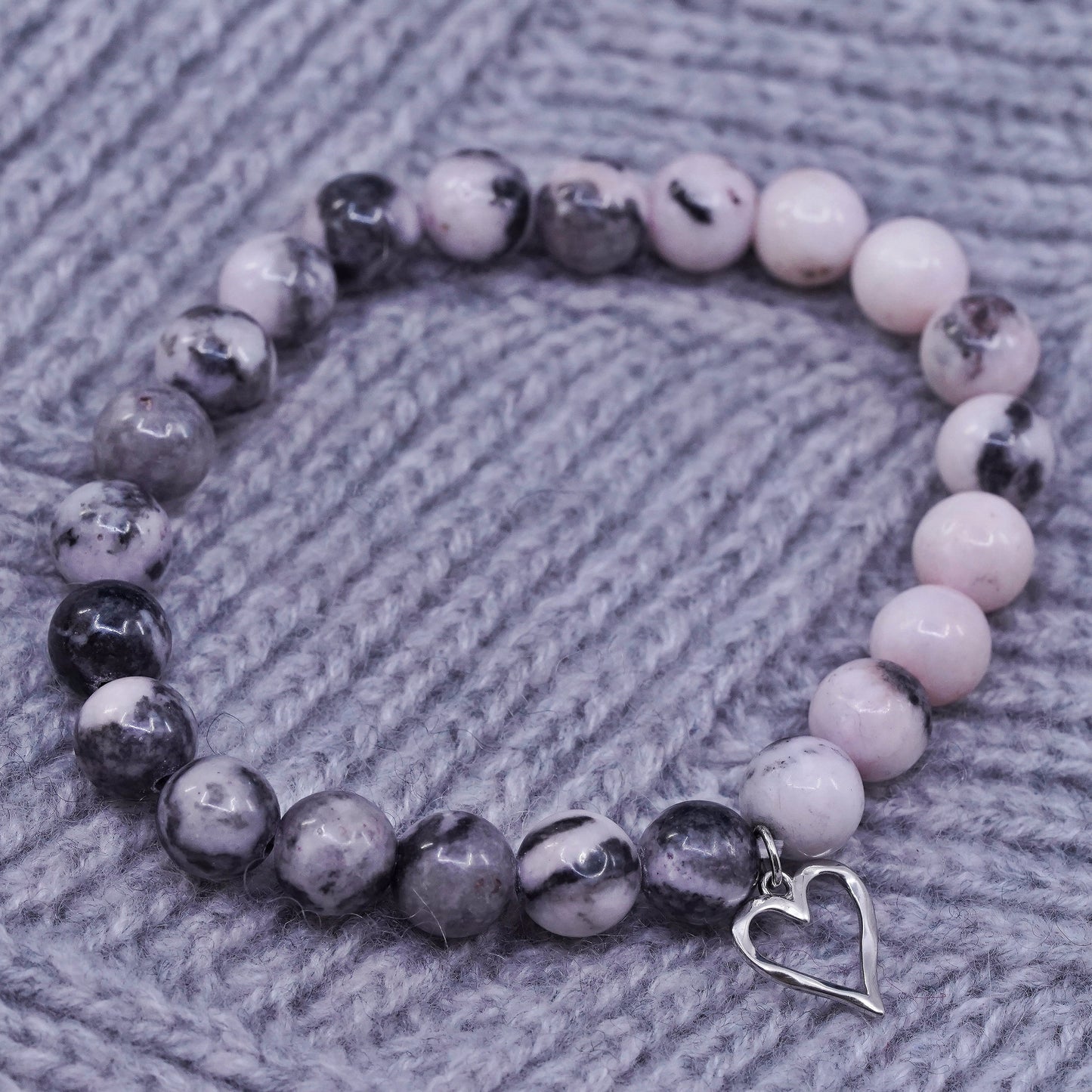 6.75”, handmade pink quartz beads Bracelet with sterling 925 silver heart charm