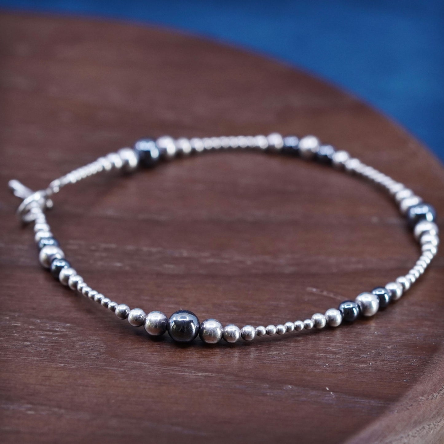 10”, vintage sterling silver handmade bracelet, 925 anklet bead chain hematite