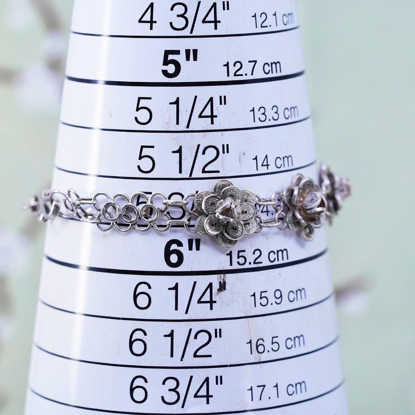 5.75", vintage sterling silver handmade bracelet, 800 filigree flower chain