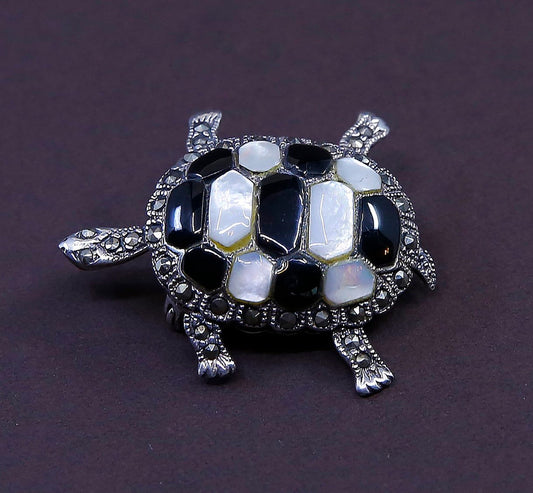 Vintage sterling silver brooch, 925 turtle mother of pearl, obsidian marcasite