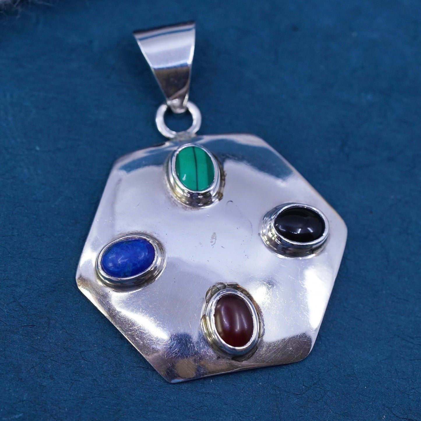 Mexican Sterling silver pendant, 925 hexagon lapis lazuli malachite carnelian