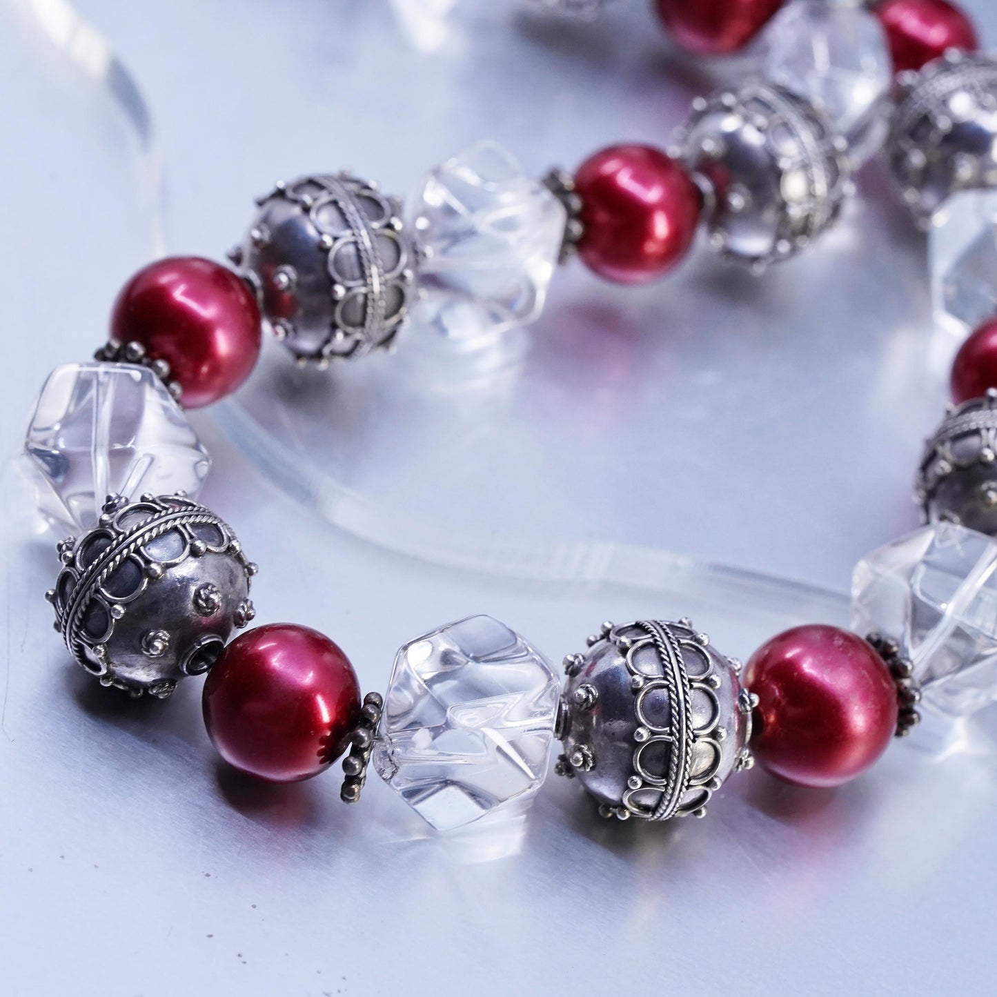 16", Sterling 925 silver chunky necklace with 17mm beads clear crystal nugget