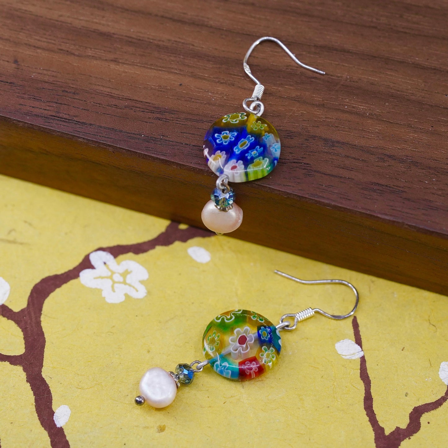 Vintage Italian sterling silver 925 handmade murano glass circle earrings pearl