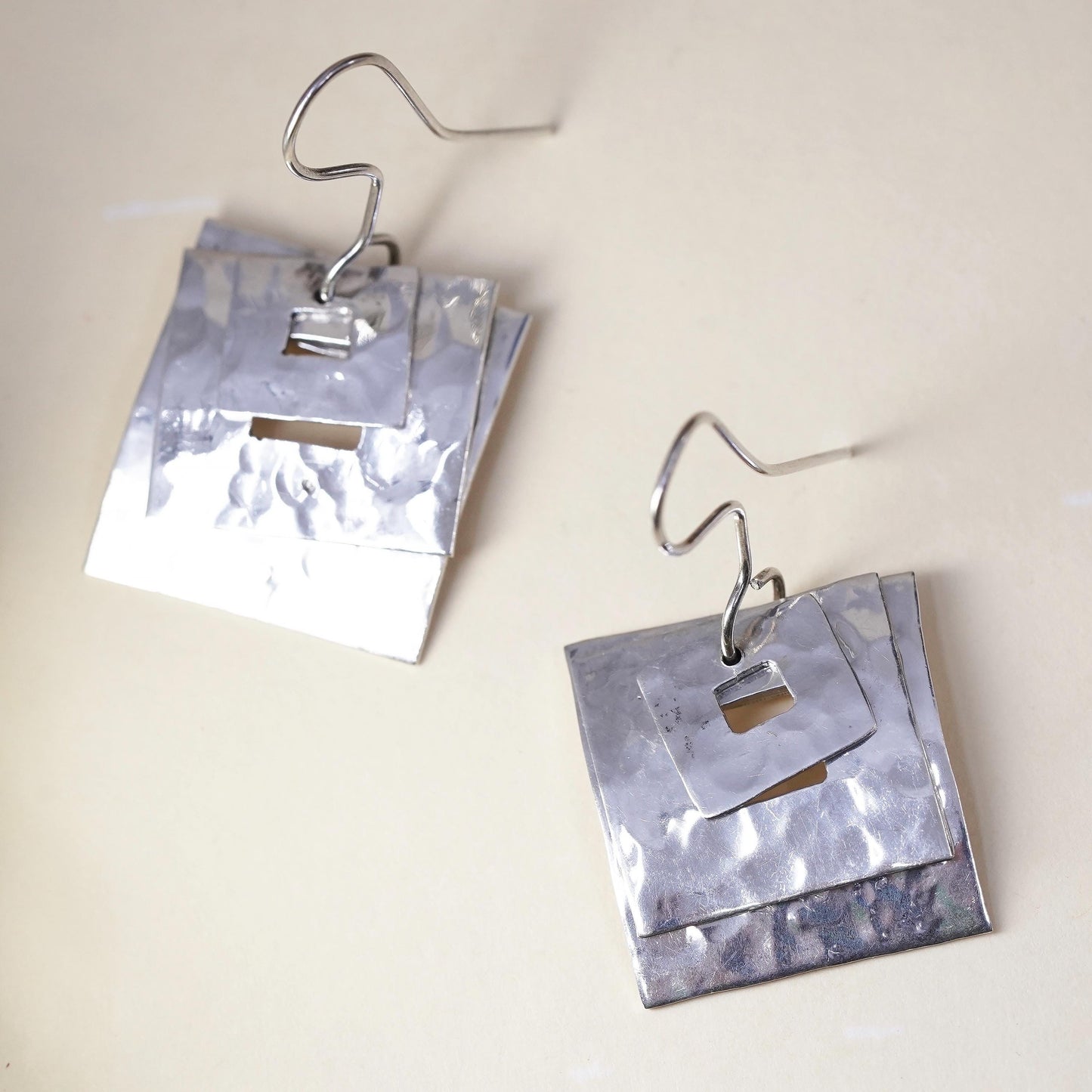 Vintage Sterling 925 Silver Hammered square disc Earrings