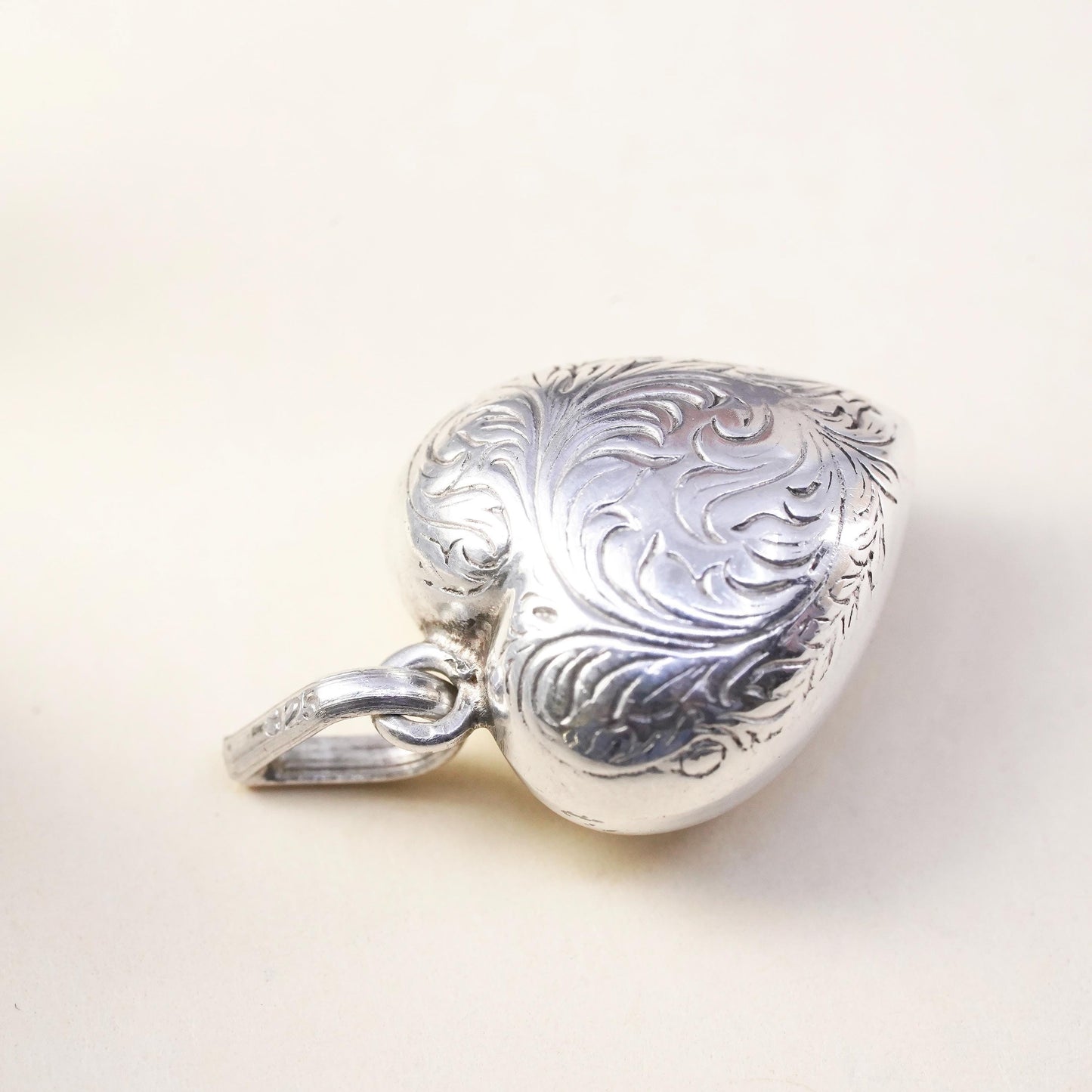 Vintage sterling silver handmade pendant, textured puffy heart